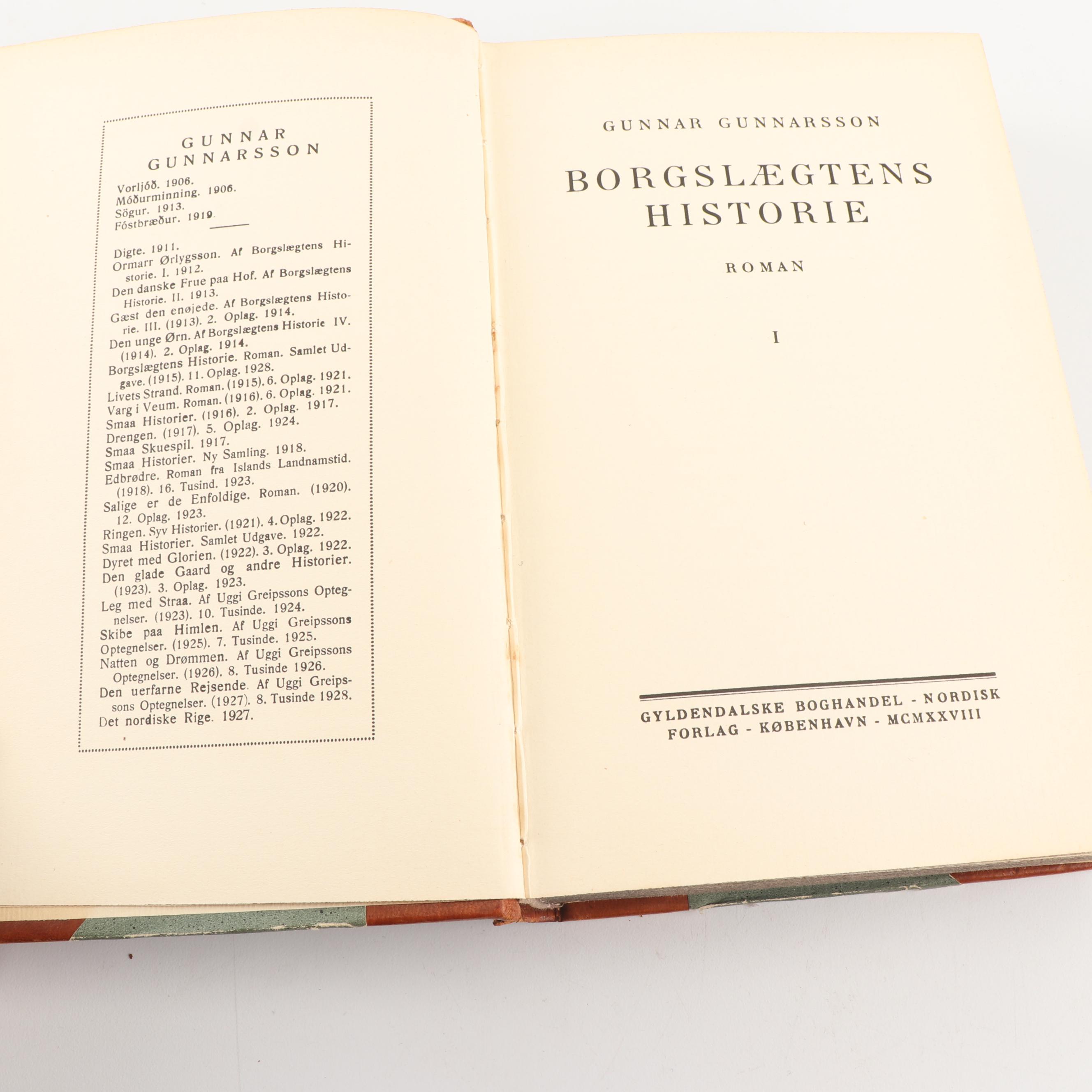 1928 "Borgslægtens Historie" by Gunnar Gunnarsson and Other Books