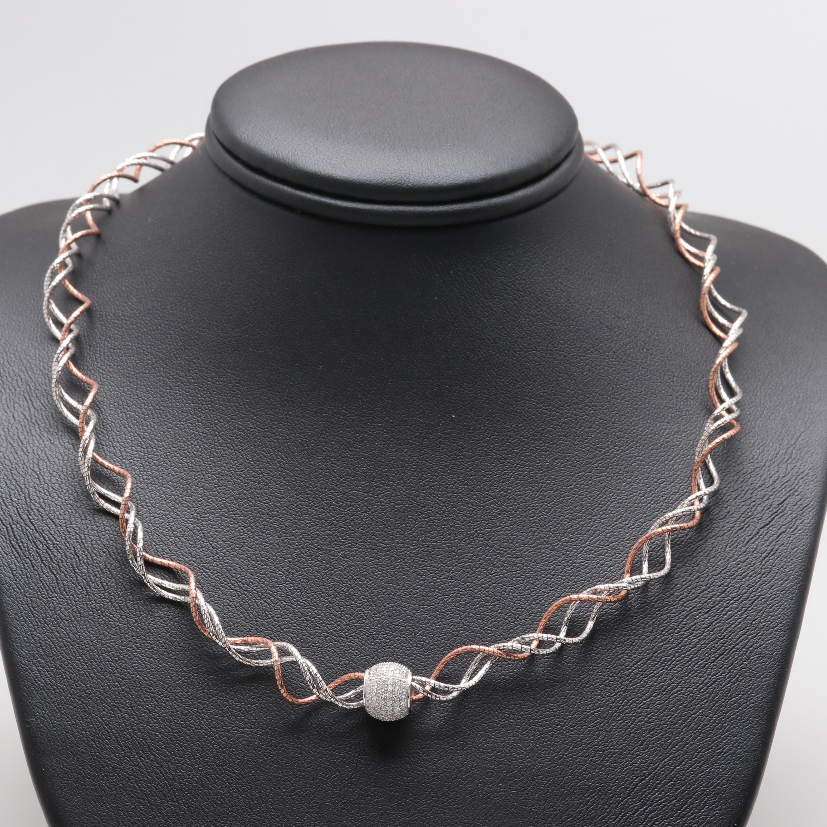 Sterling Silver Twisted Multi-Strand Necklace with Cubic Zirconia Slide Charm