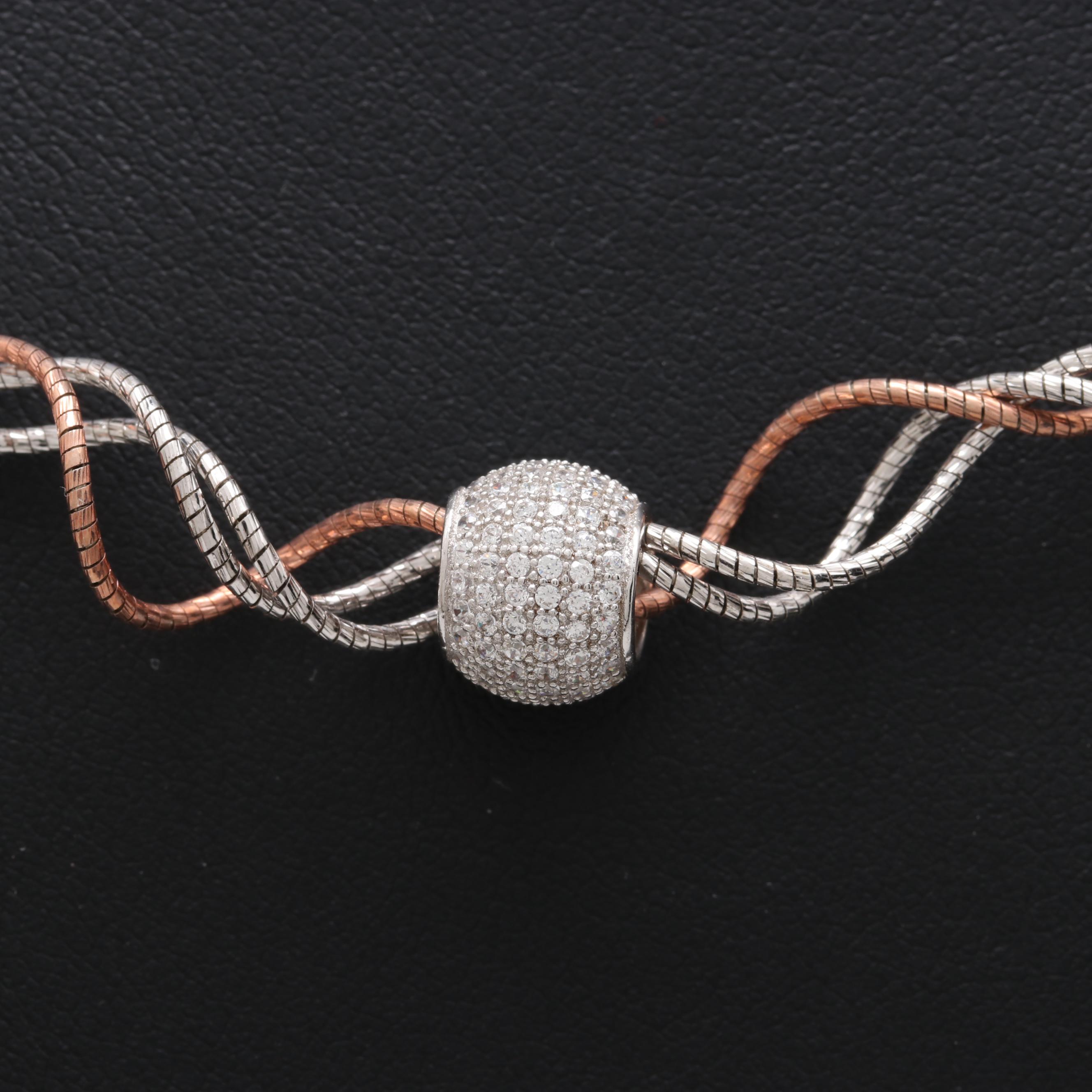Sterling Silver Twisted Multi-Strand Necklace with Cubic Zirconia Slide Charm