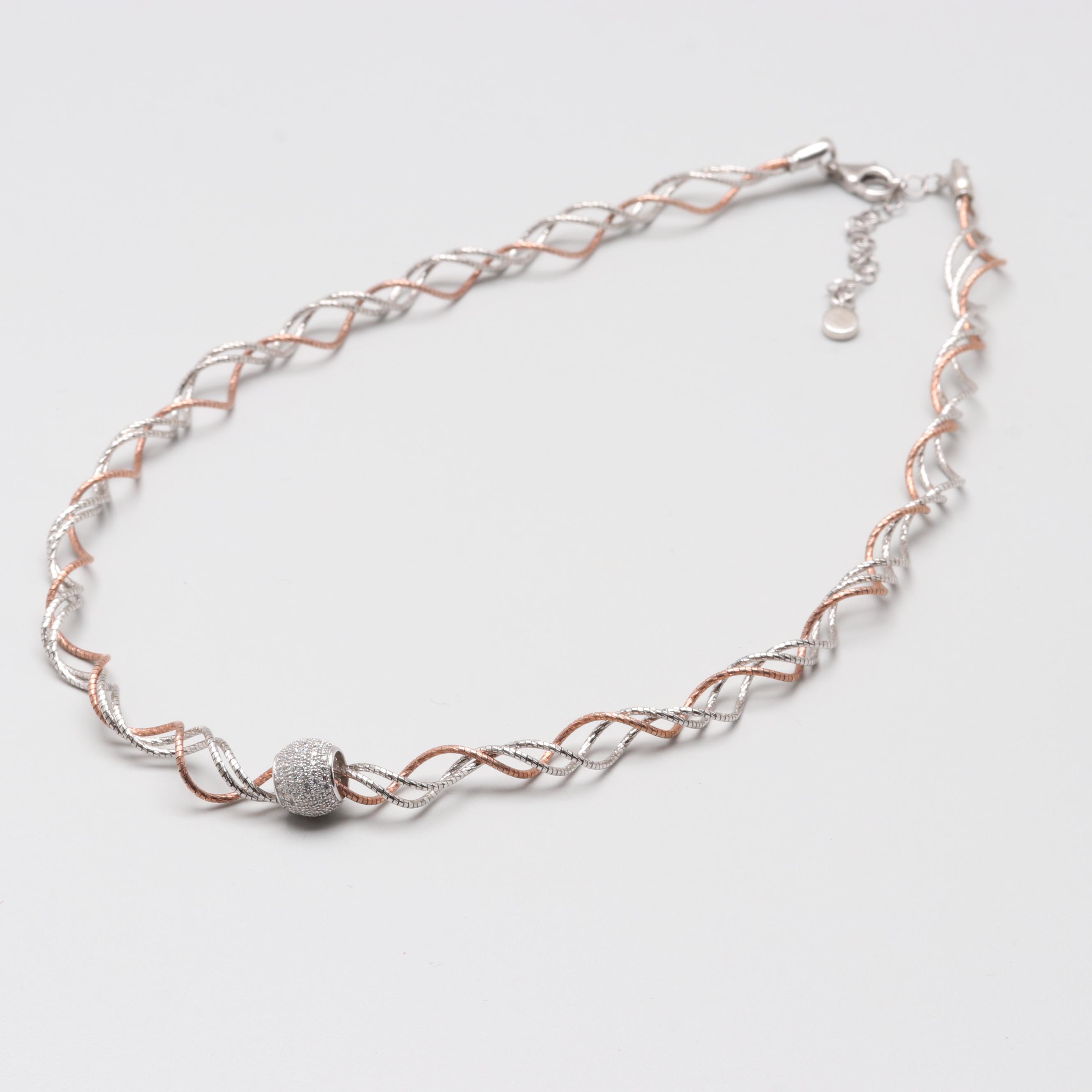 Sterling Silver Twisted Multi-Strand Necklace with Cubic Zirconia Slide Charm