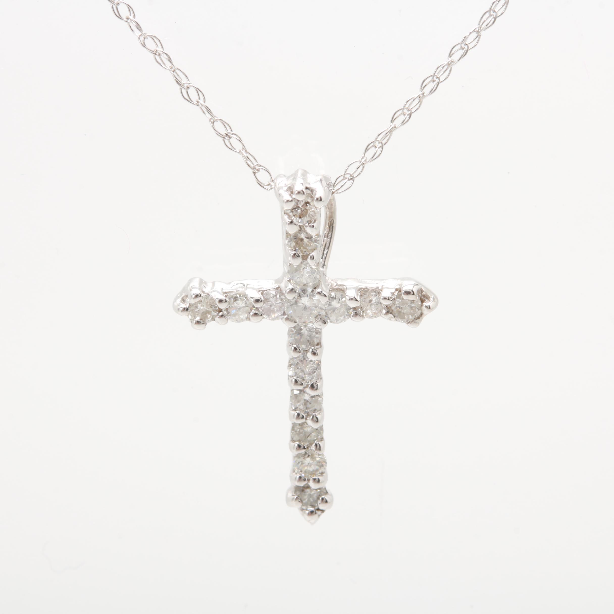 14K White Gold Diamond Cross Pendant Necklace