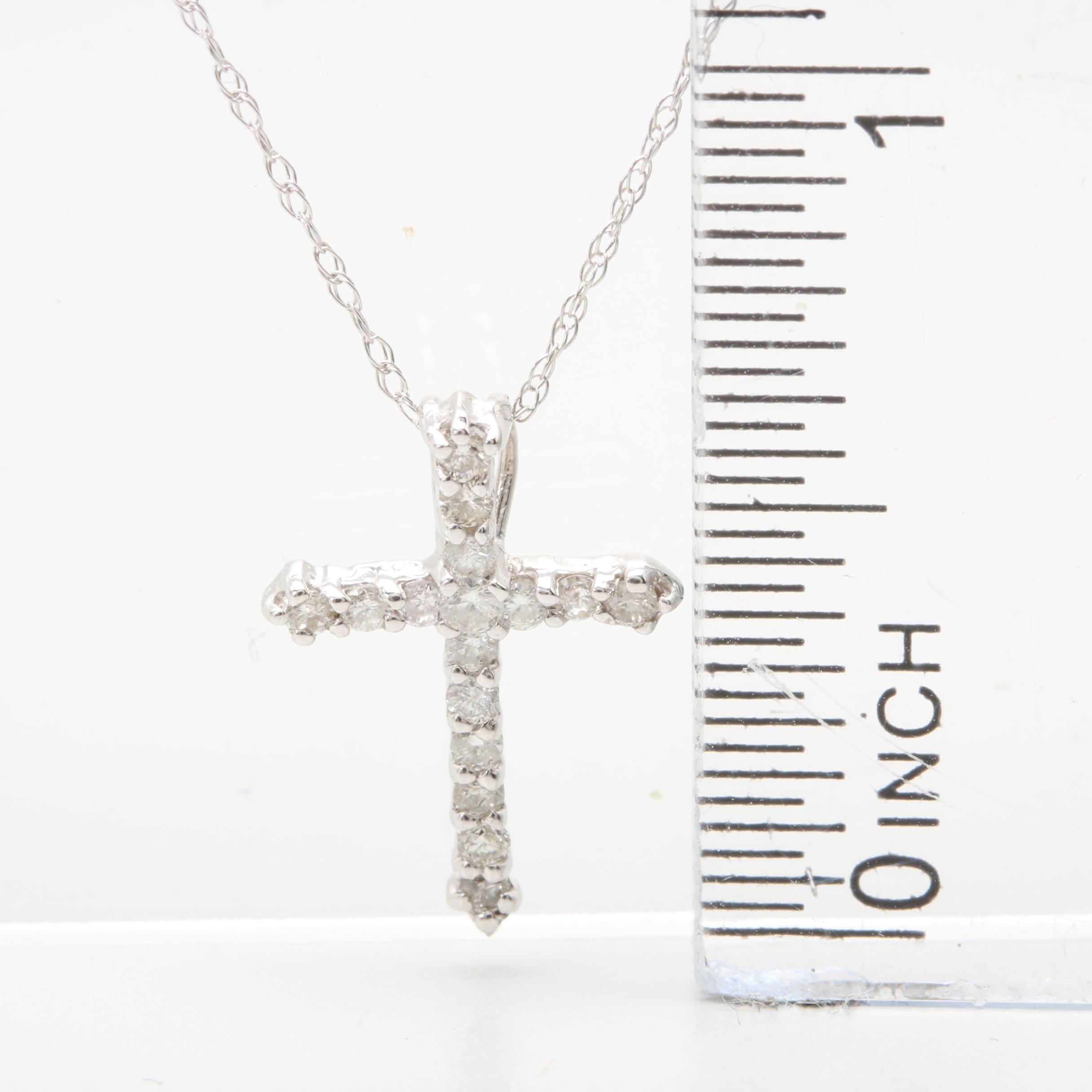 14K White Gold Diamond Cross Pendant Necklace