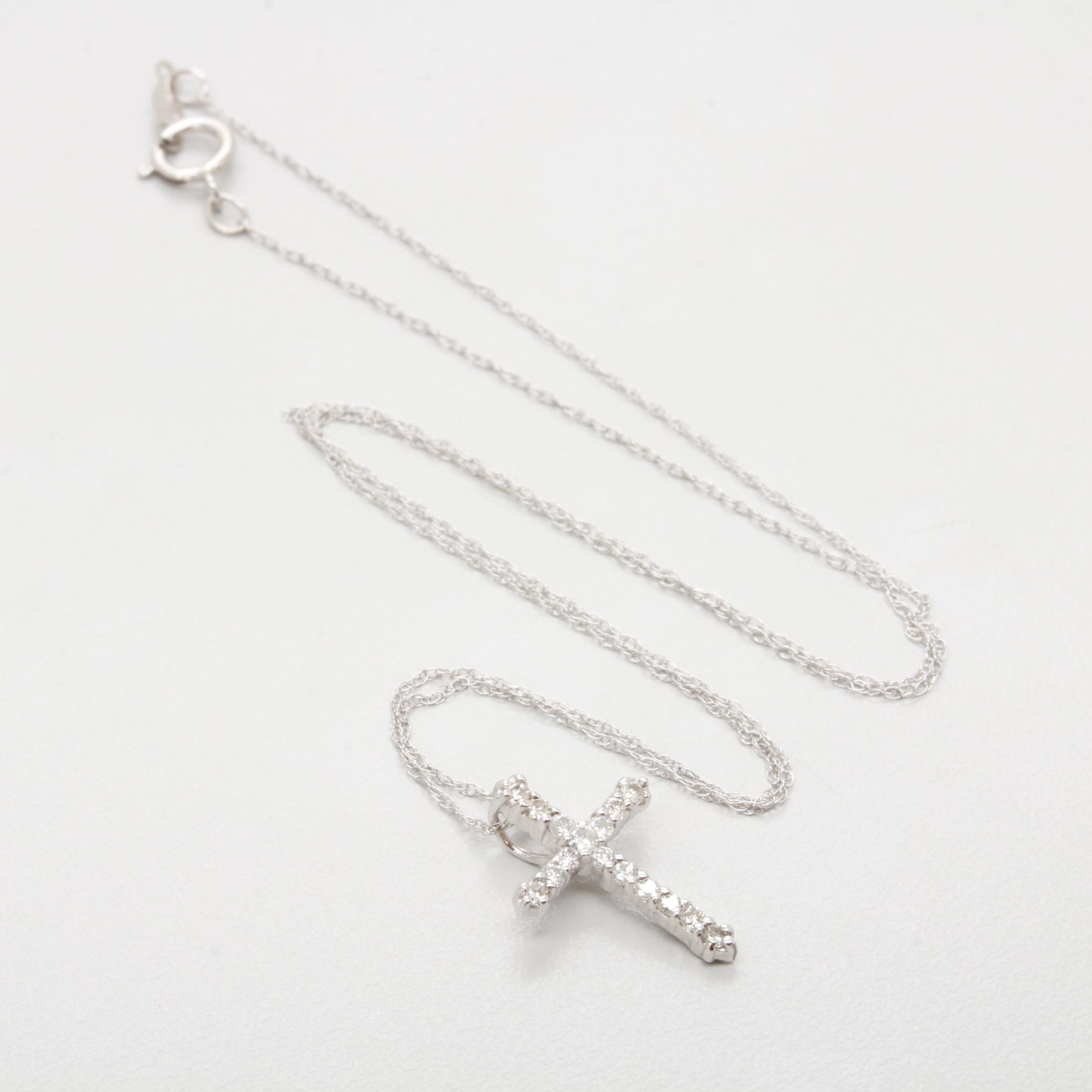 14K White Gold Diamond Cross Pendant Necklace