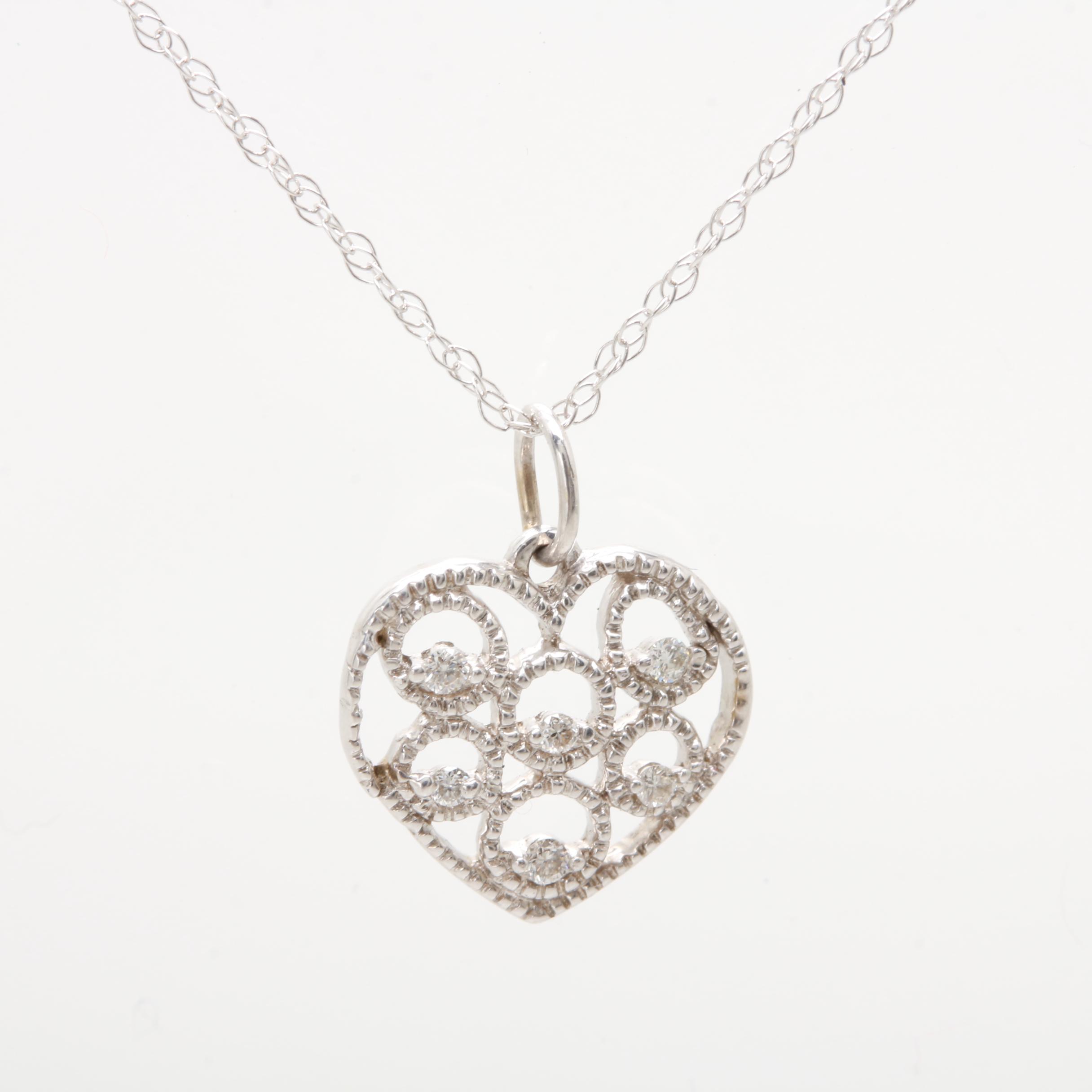 14K White Gold Diamond Openwork Heart Necklace
