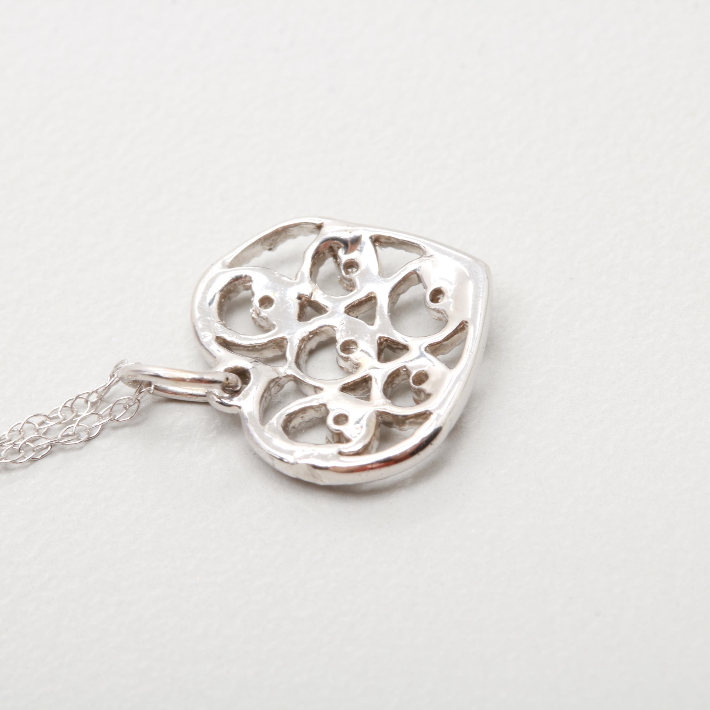 14K White Gold Diamond Openwork Heart Necklace