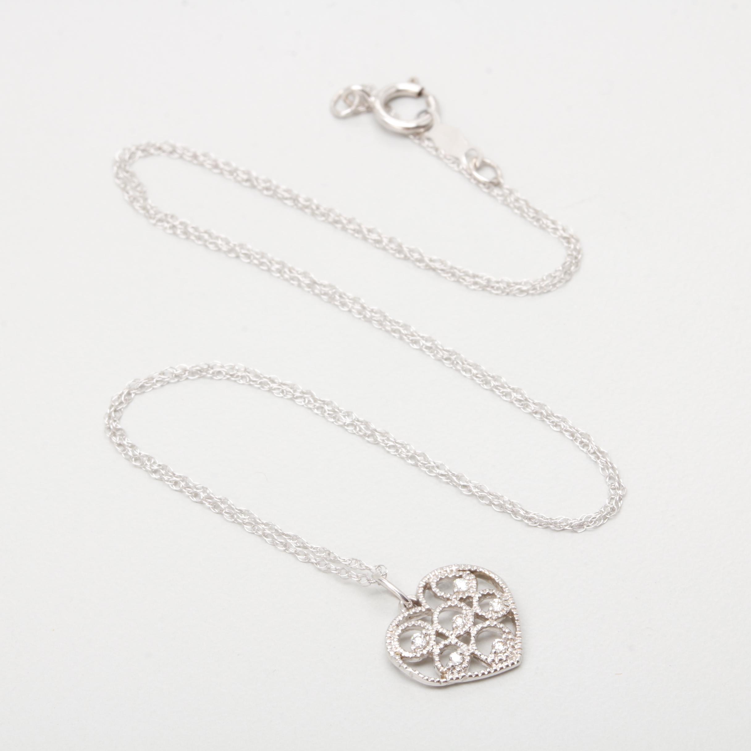 14K White Gold Diamond Openwork Heart Necklace