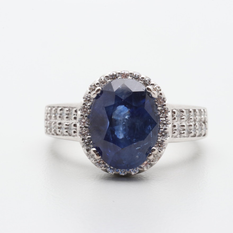 18K White Gold 5.88 CT Blue Sapphire and Diamond Ring with AGL Report