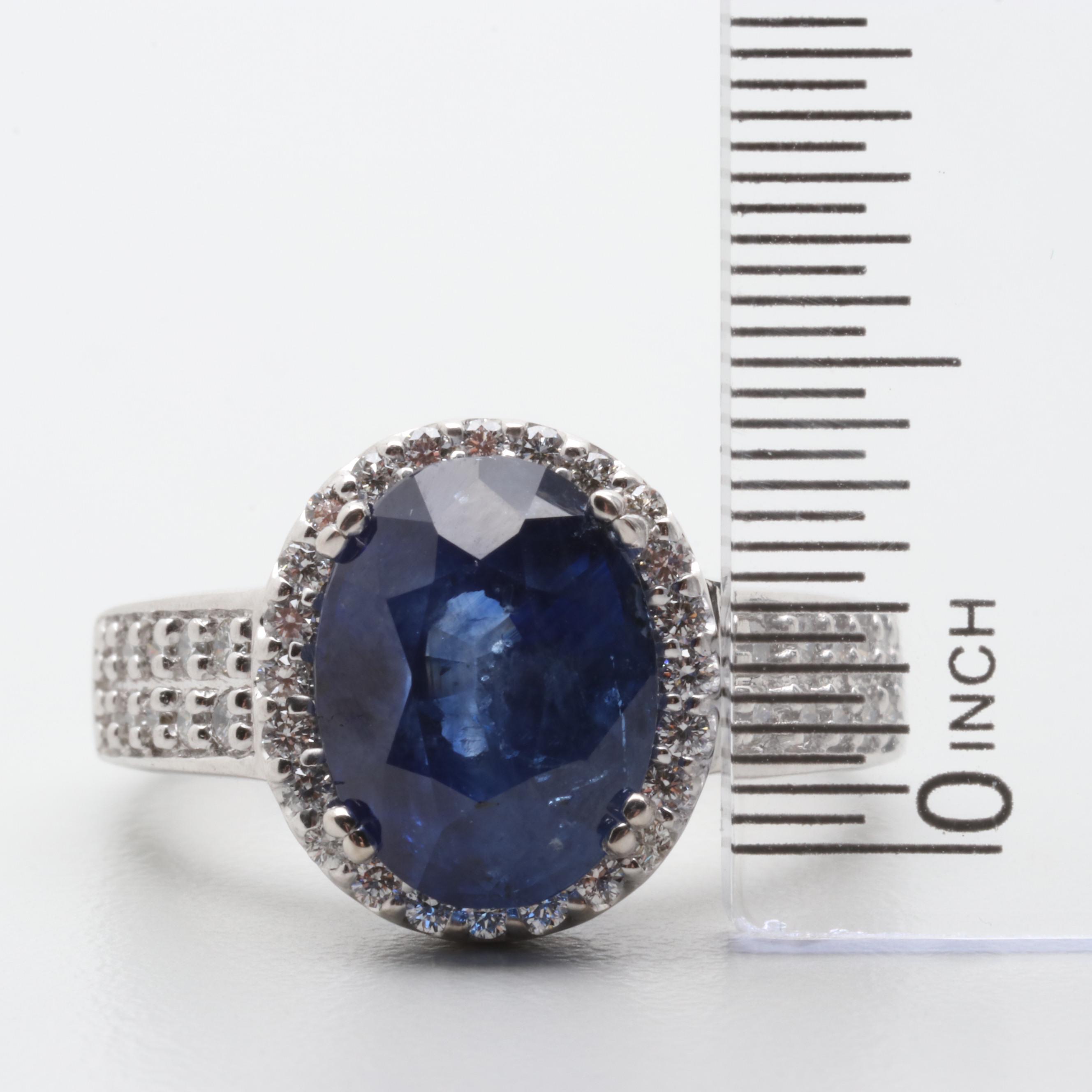 18K White Gold 5.88 CT Blue Sapphire and Diamond Ring with AGL Report