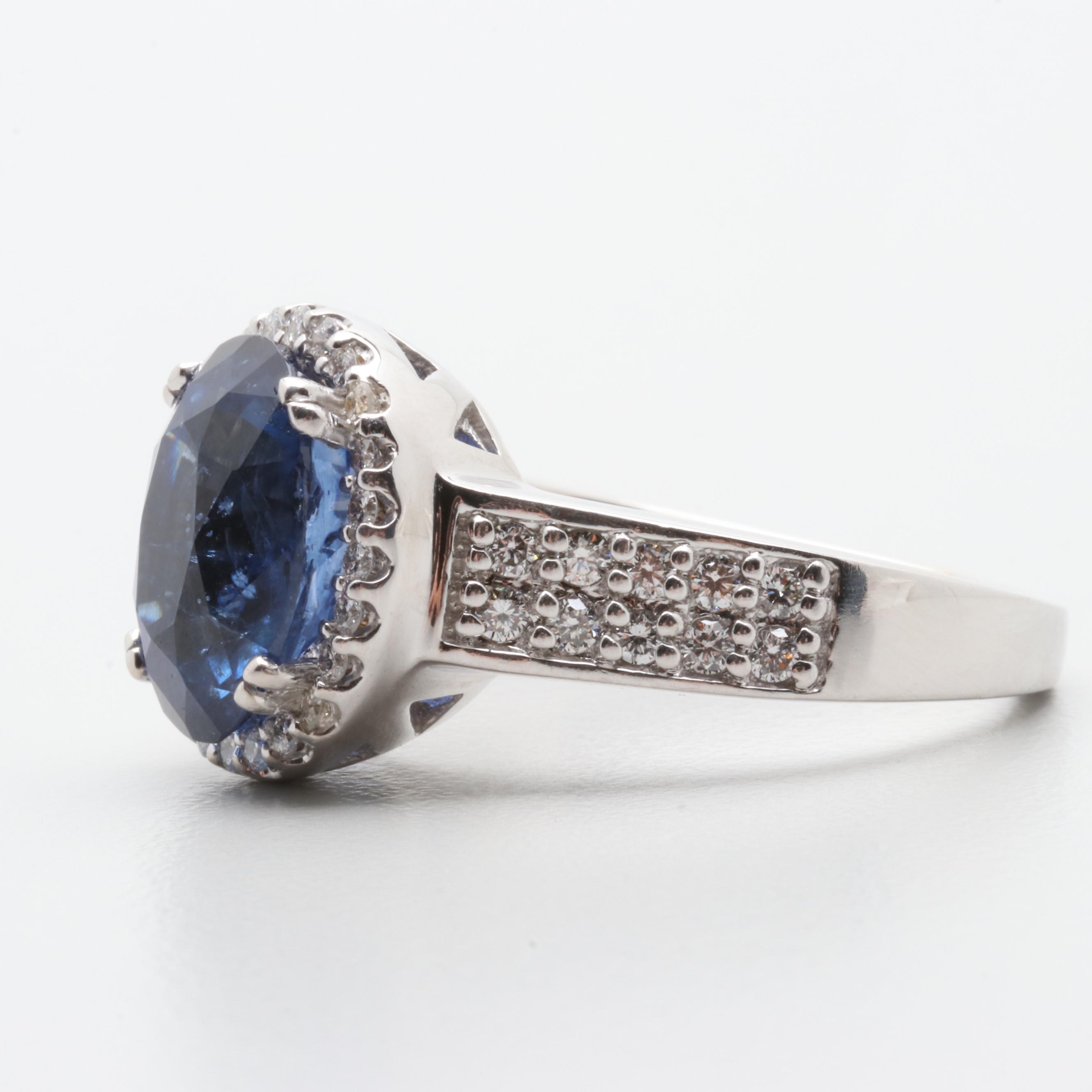 18K White Gold 5.88 CT Blue Sapphire and Diamond Ring with AGL Report