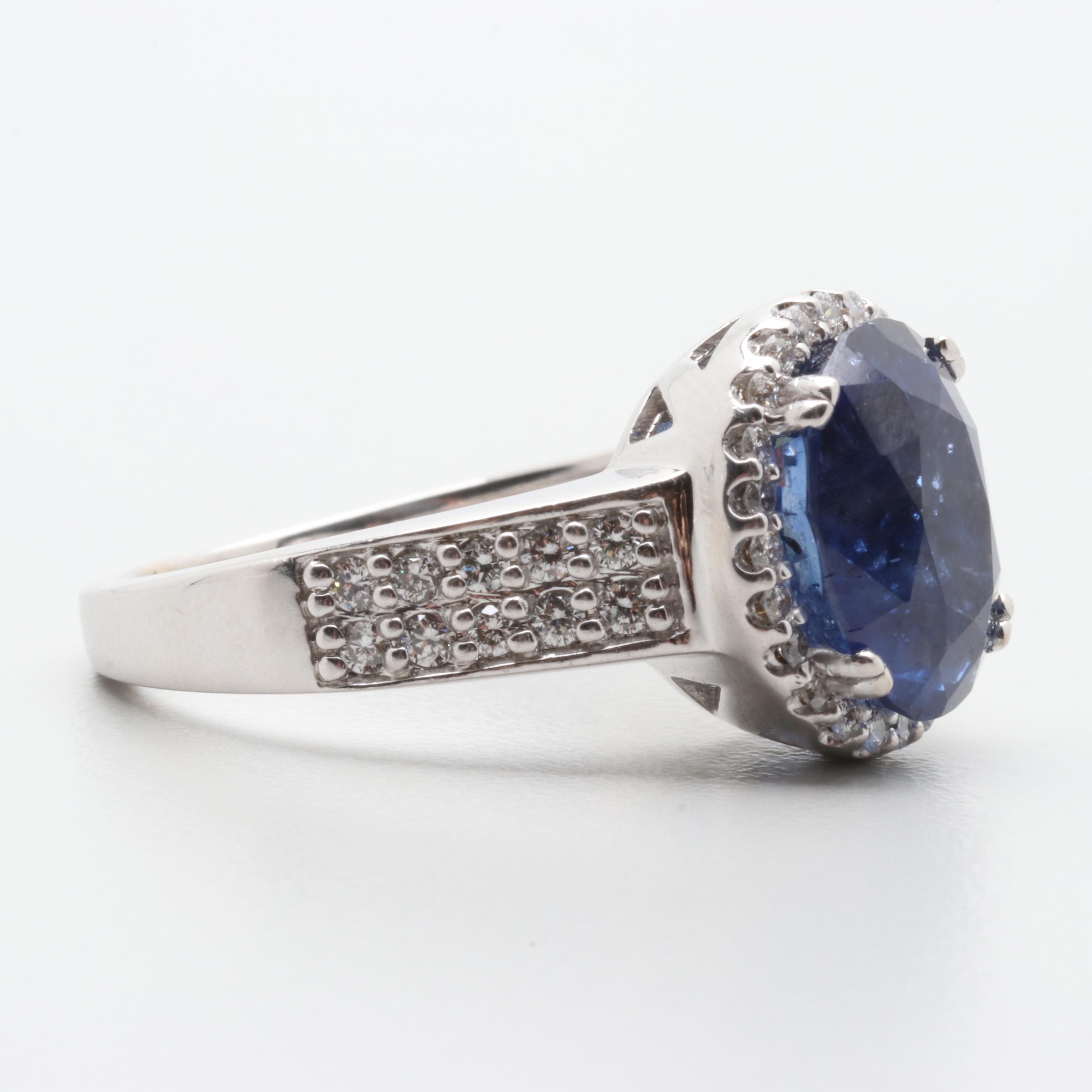18K White Gold 5.88 CT Blue Sapphire and Diamond Ring with AGL Report