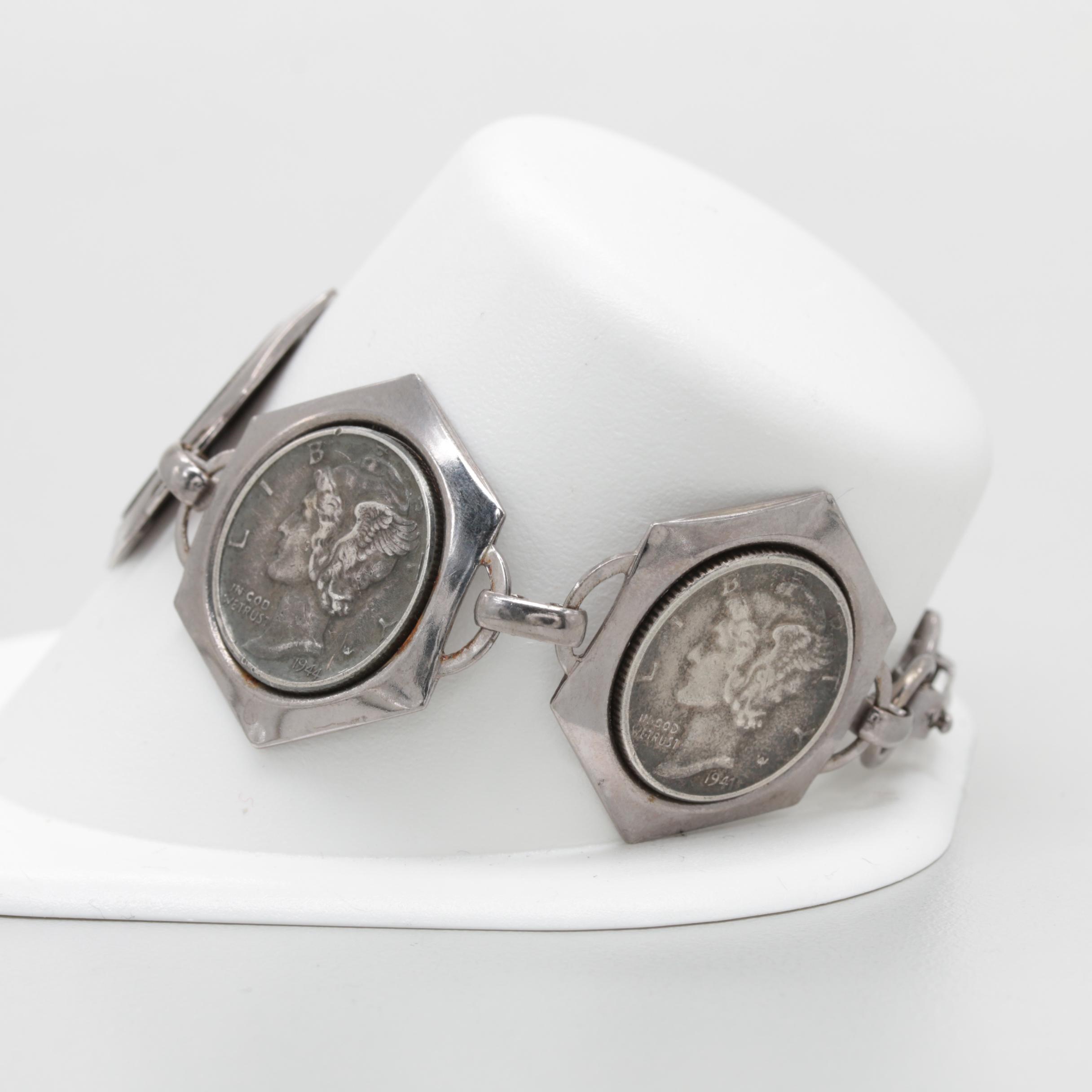 Silver Tone Bracelet with Five Mercury Silver Dimes