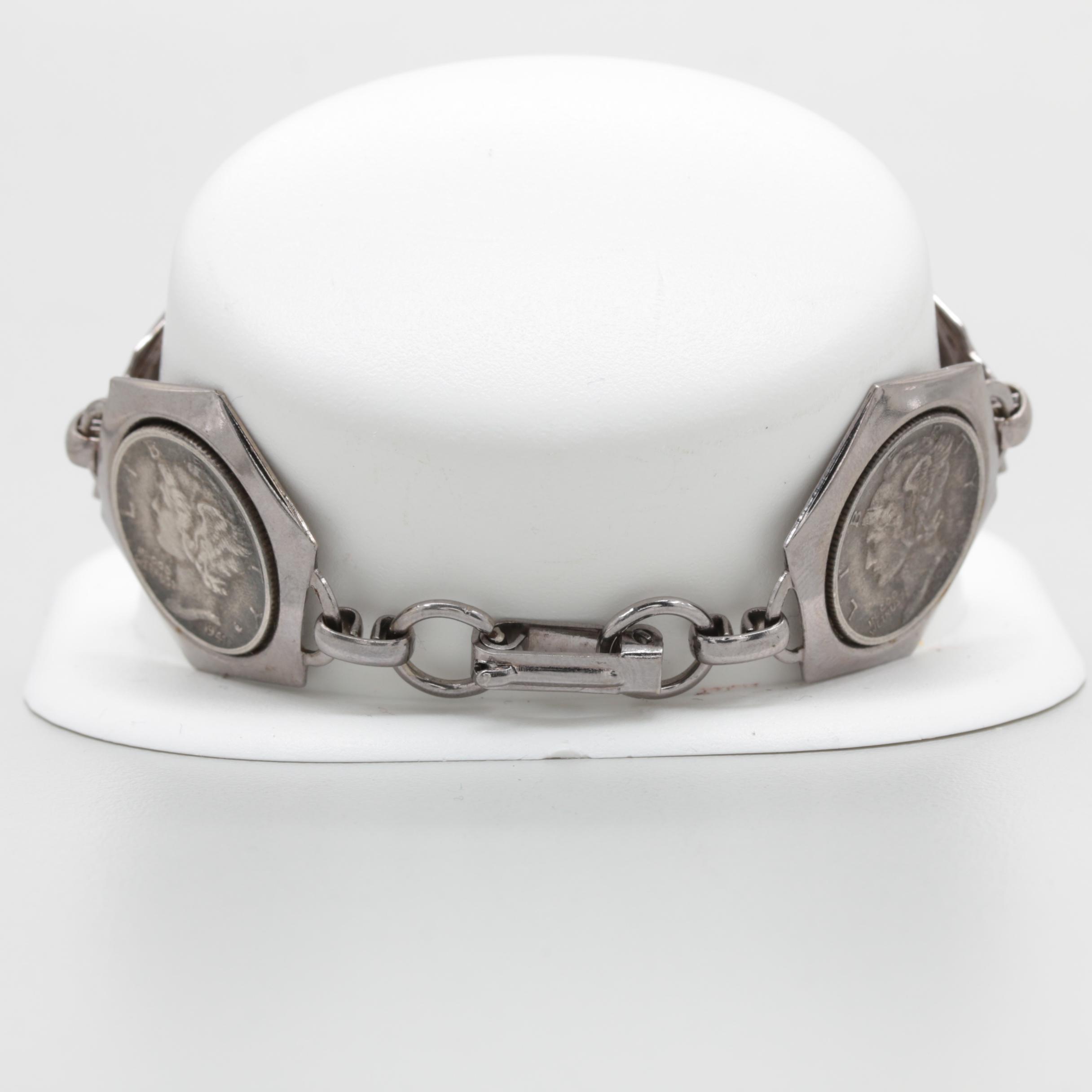 Silver Tone Bracelet with Five Mercury Silver Dimes