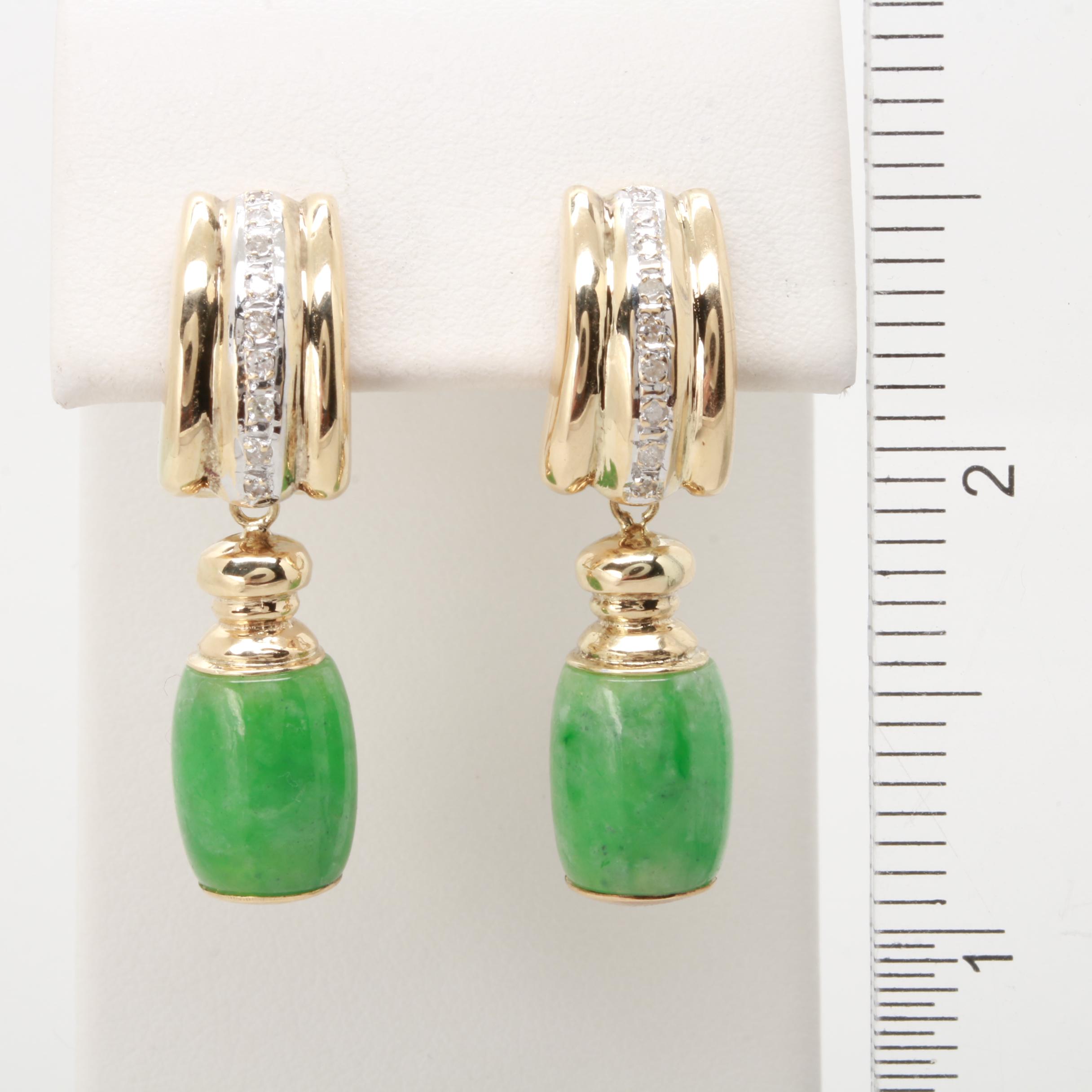 14K Yellow Gold Diamond and Jadeite Dangle Earrings