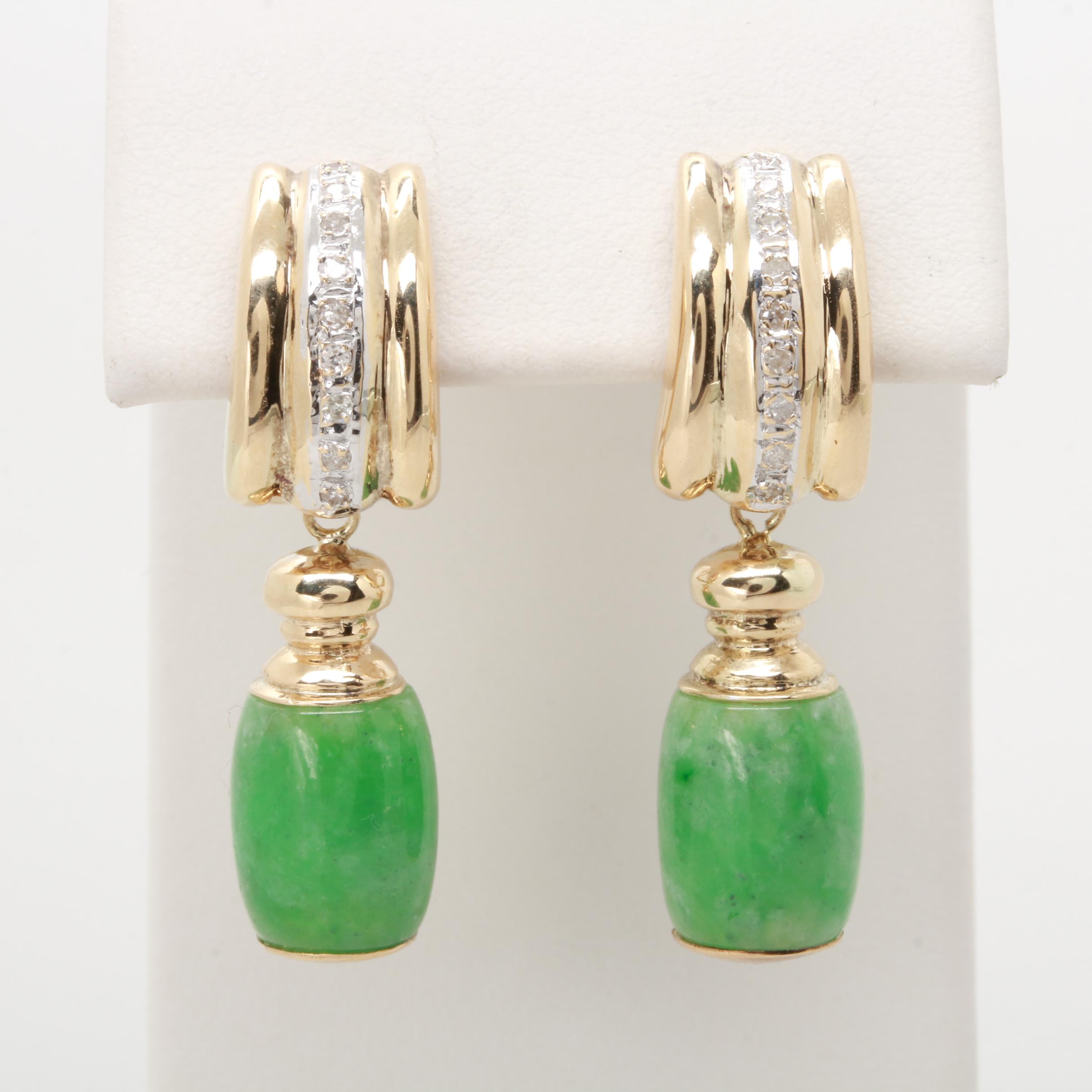 14K Yellow Gold Diamond and Jadeite Dangle Earrings