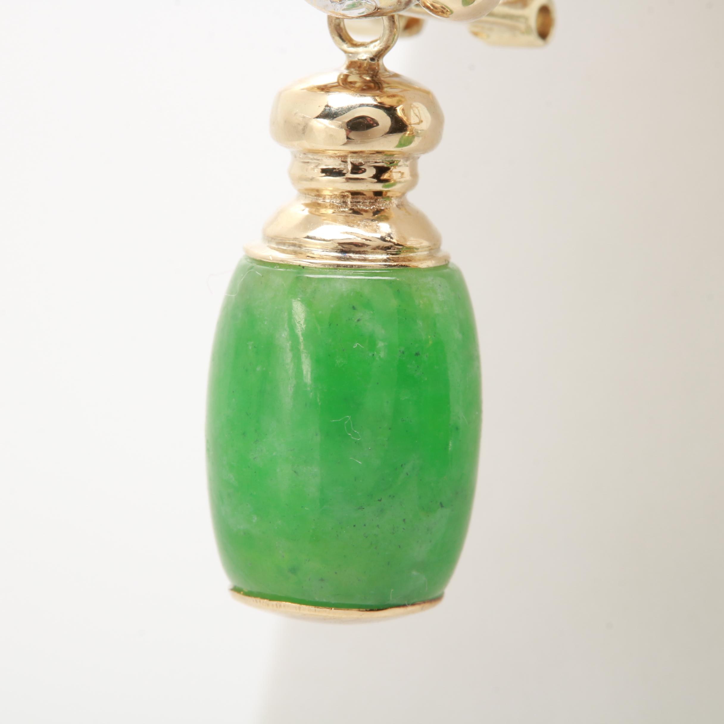 14K Yellow Gold Diamond and Jadeite Dangle Earrings