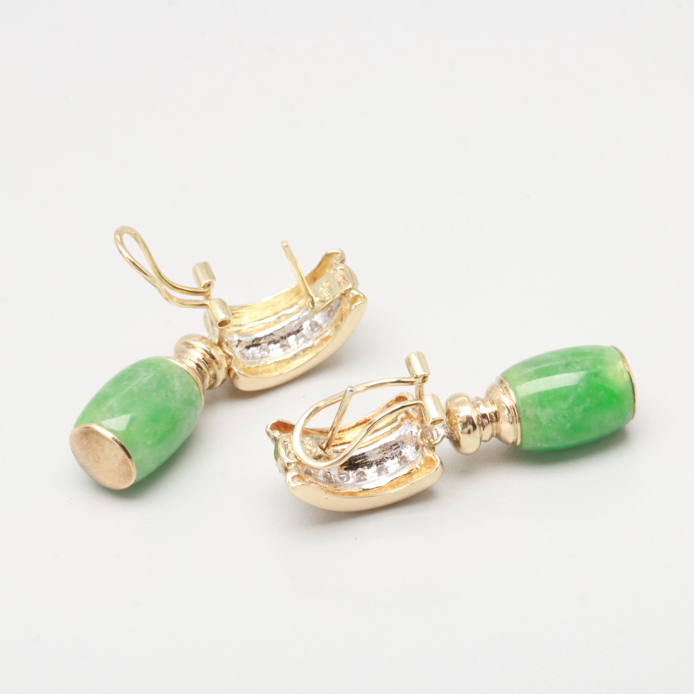 14K Yellow Gold Diamond and Jadeite Dangle Earrings