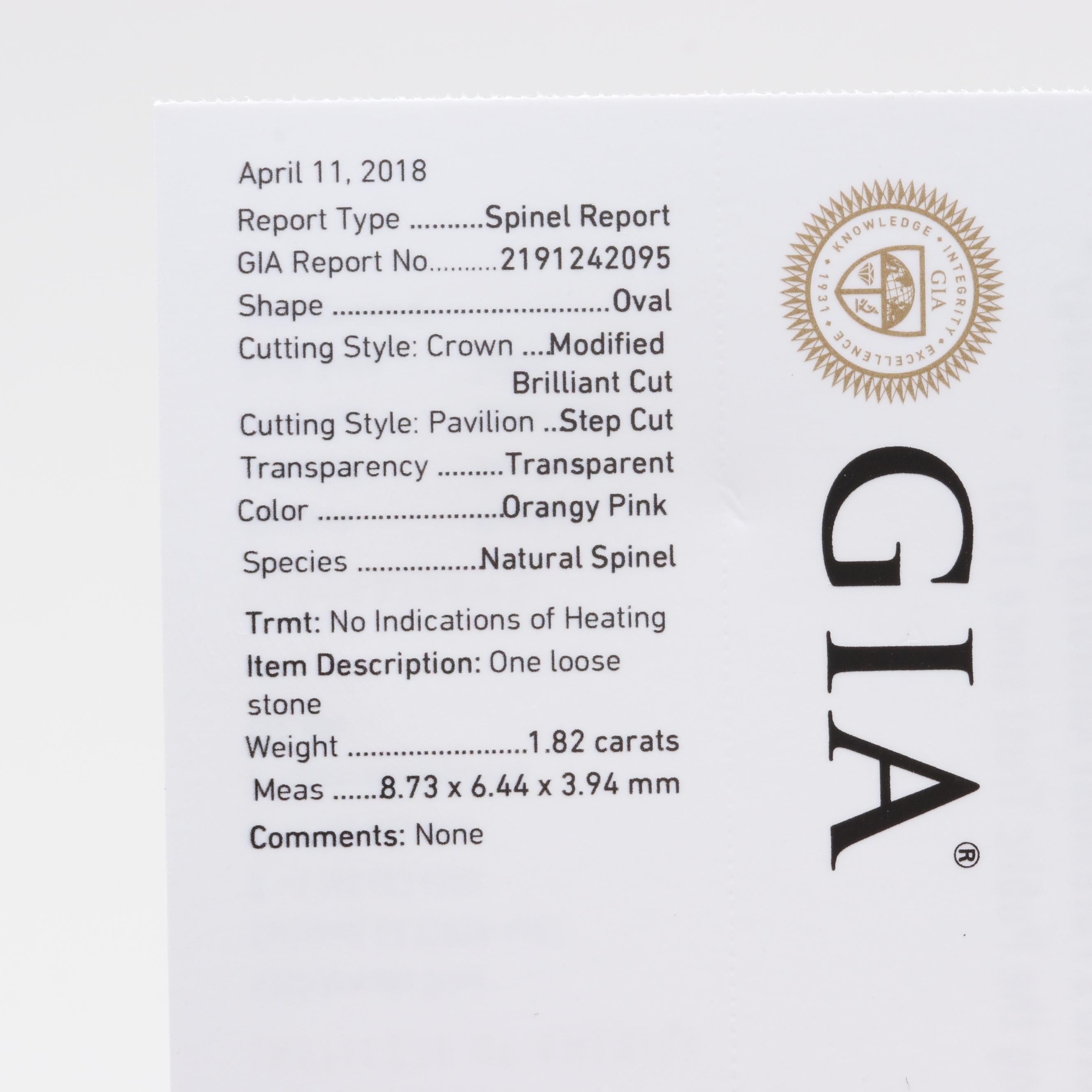 Platinum 1.82 CT Natural Spinel and Diamond Ring with GIA Report