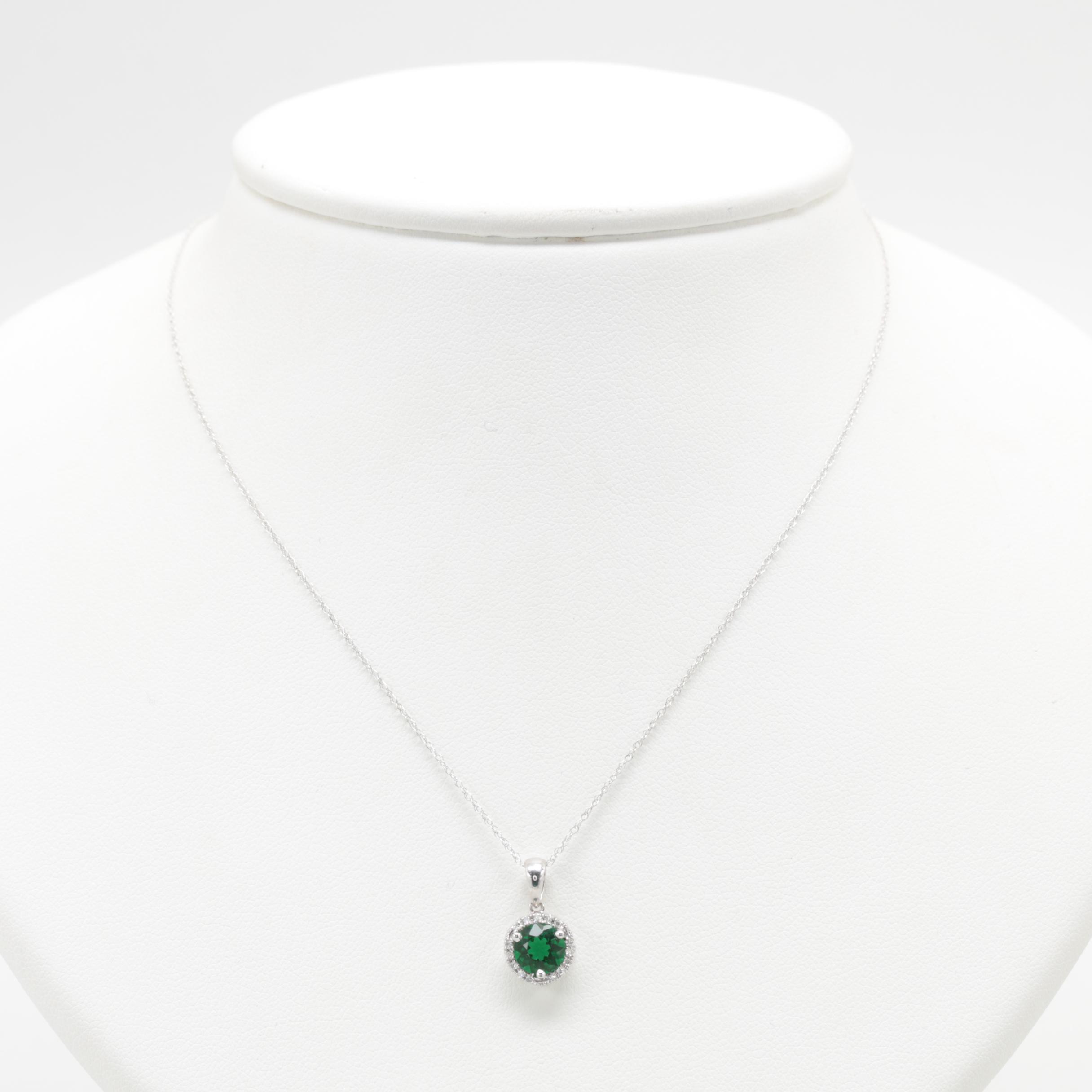 14K White Gold Green Glass and Diamond Necklace