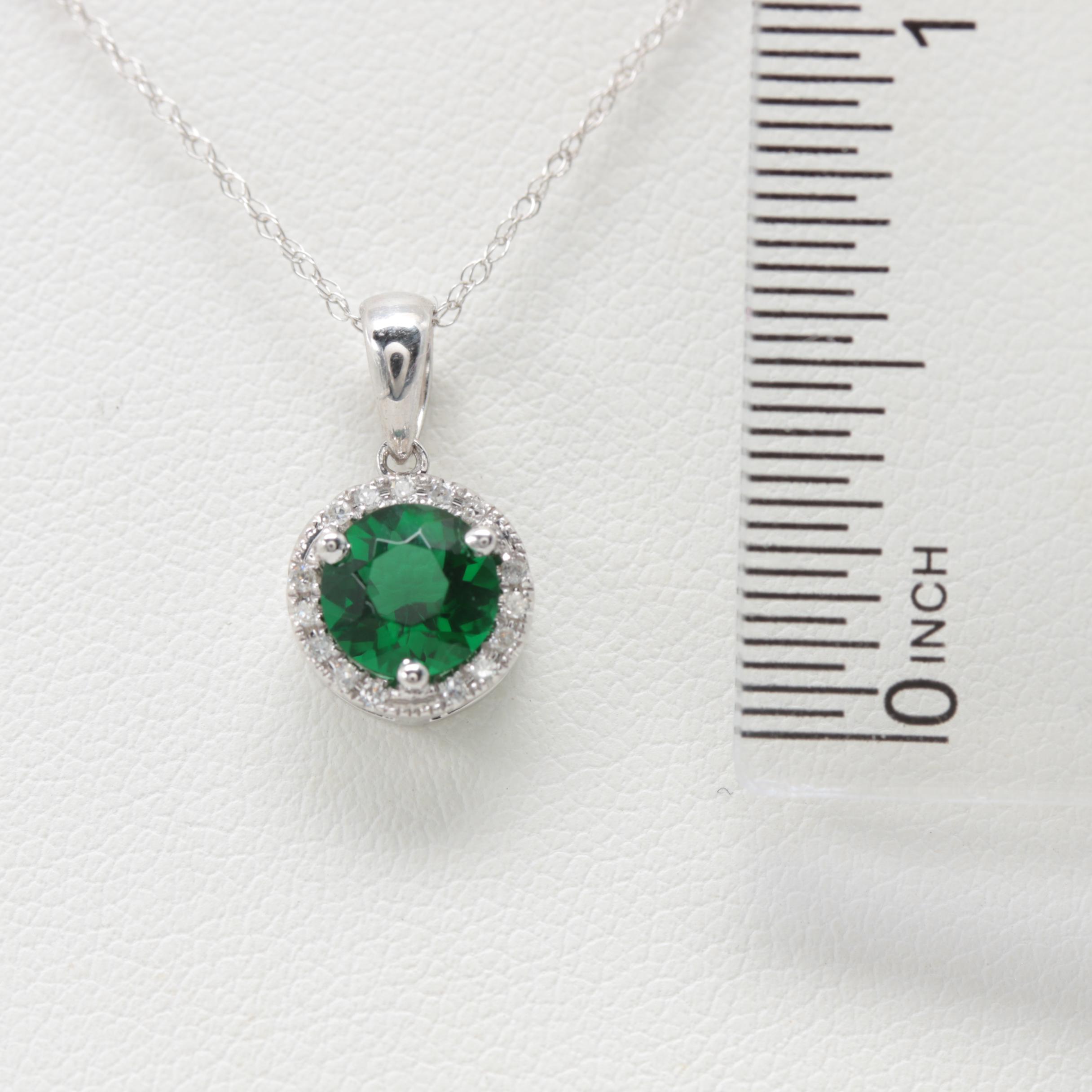 14K White Gold Green Glass and Diamond Necklace