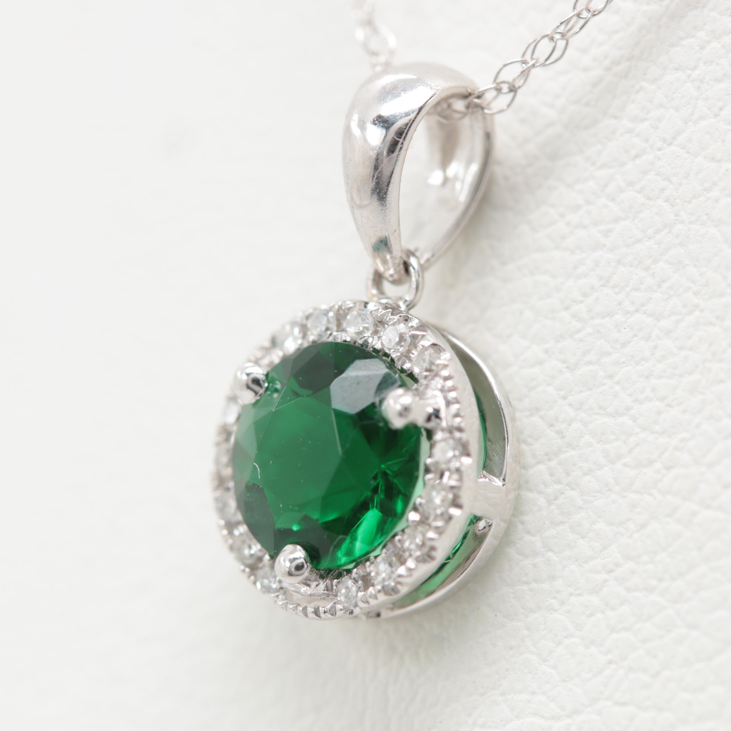 14K White Gold Green Glass and Diamond Necklace