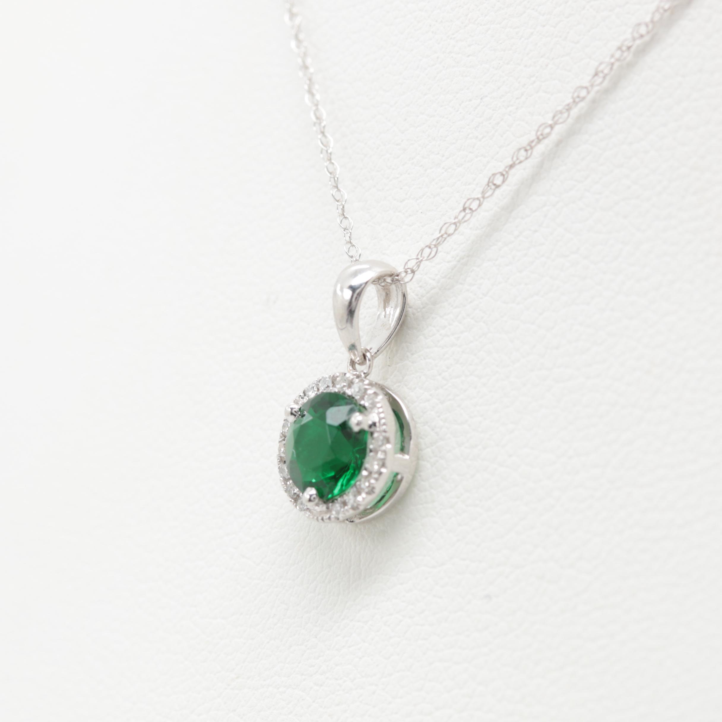 14K White Gold Green Glass and Diamond Necklace