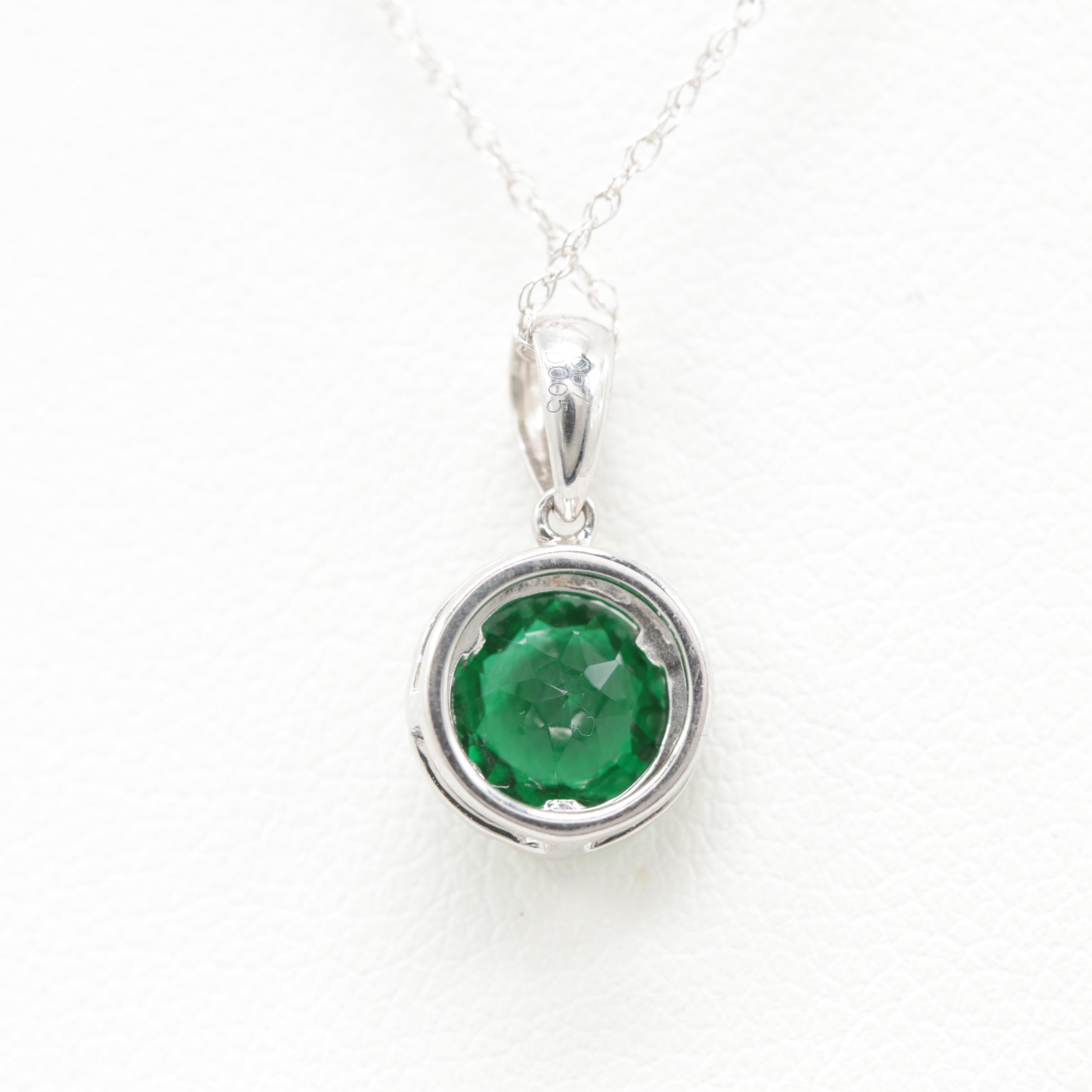 14K White Gold Green Glass and Diamond Necklace
