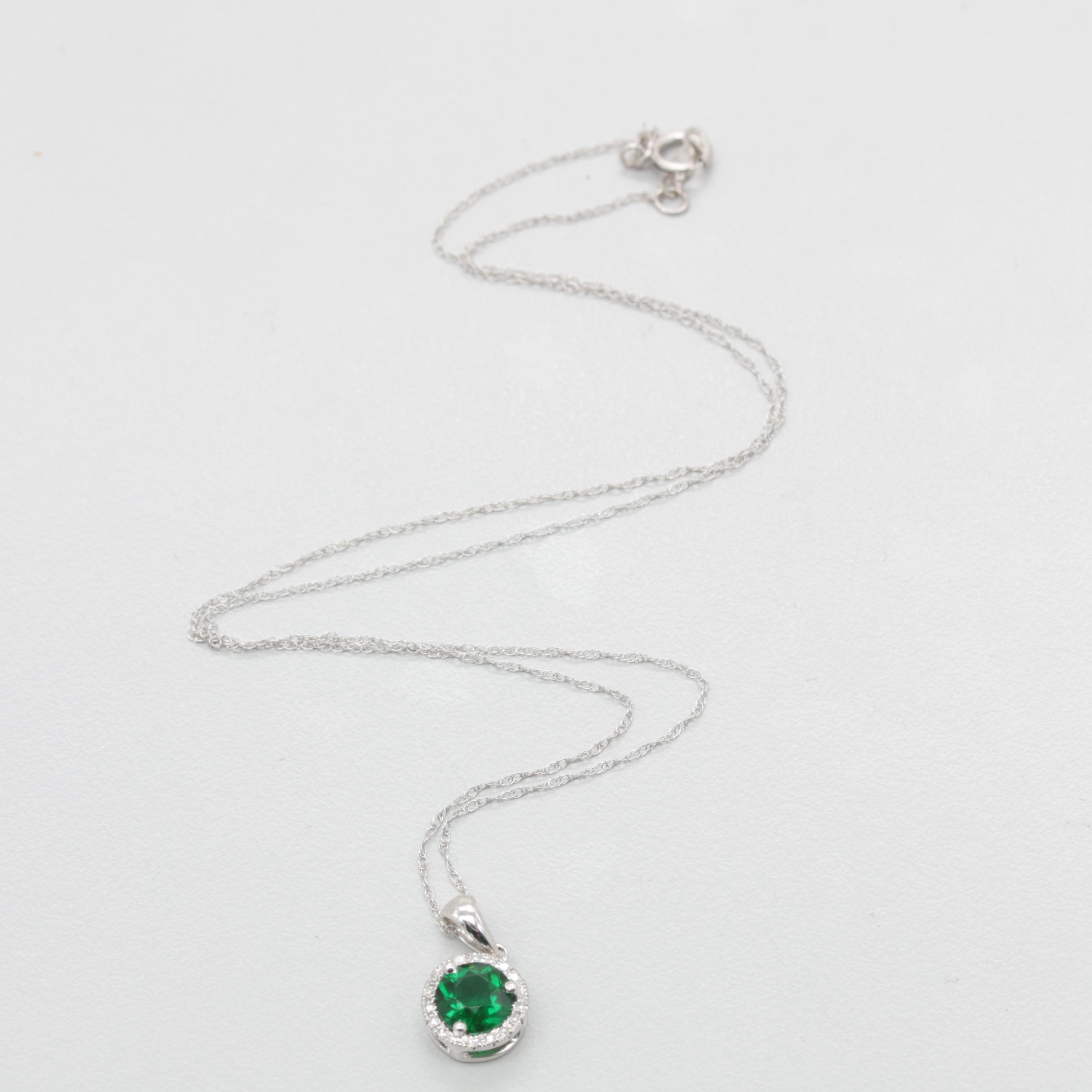 14K White Gold Green Glass and Diamond Necklace