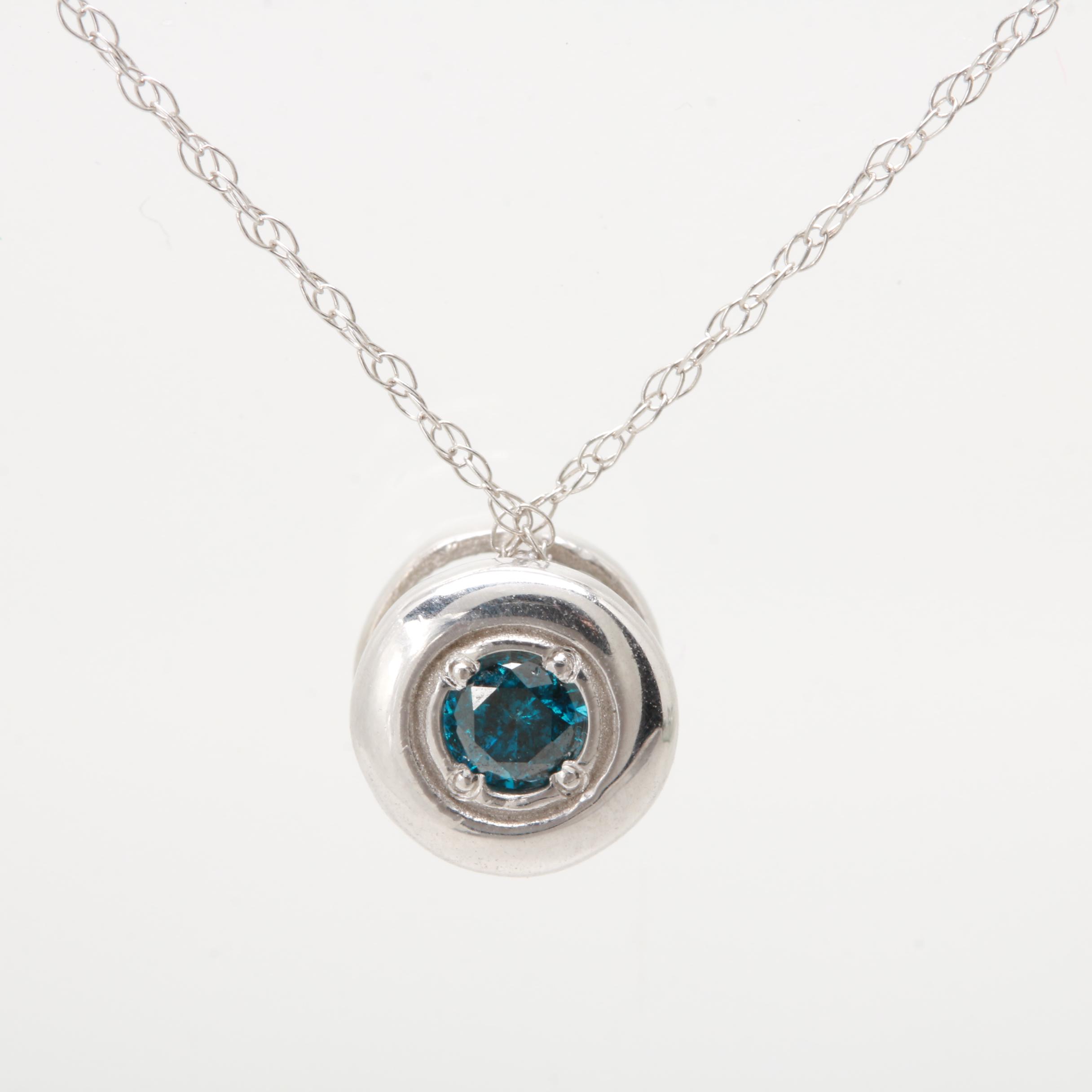 Sterling Silver and 14K White Gold Blue Diamond Necklace