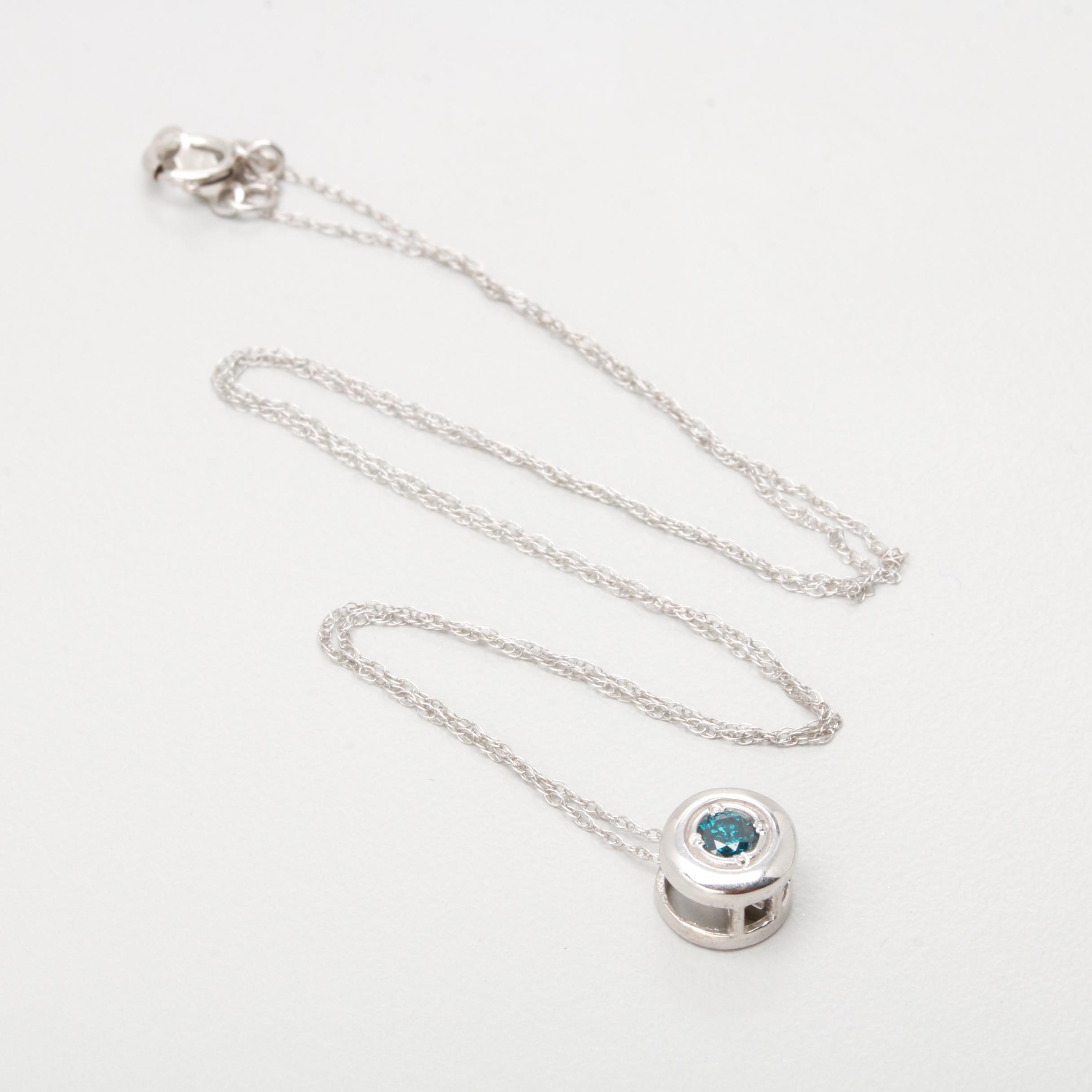 Sterling Silver and 14K White Gold Blue Diamond Necklace