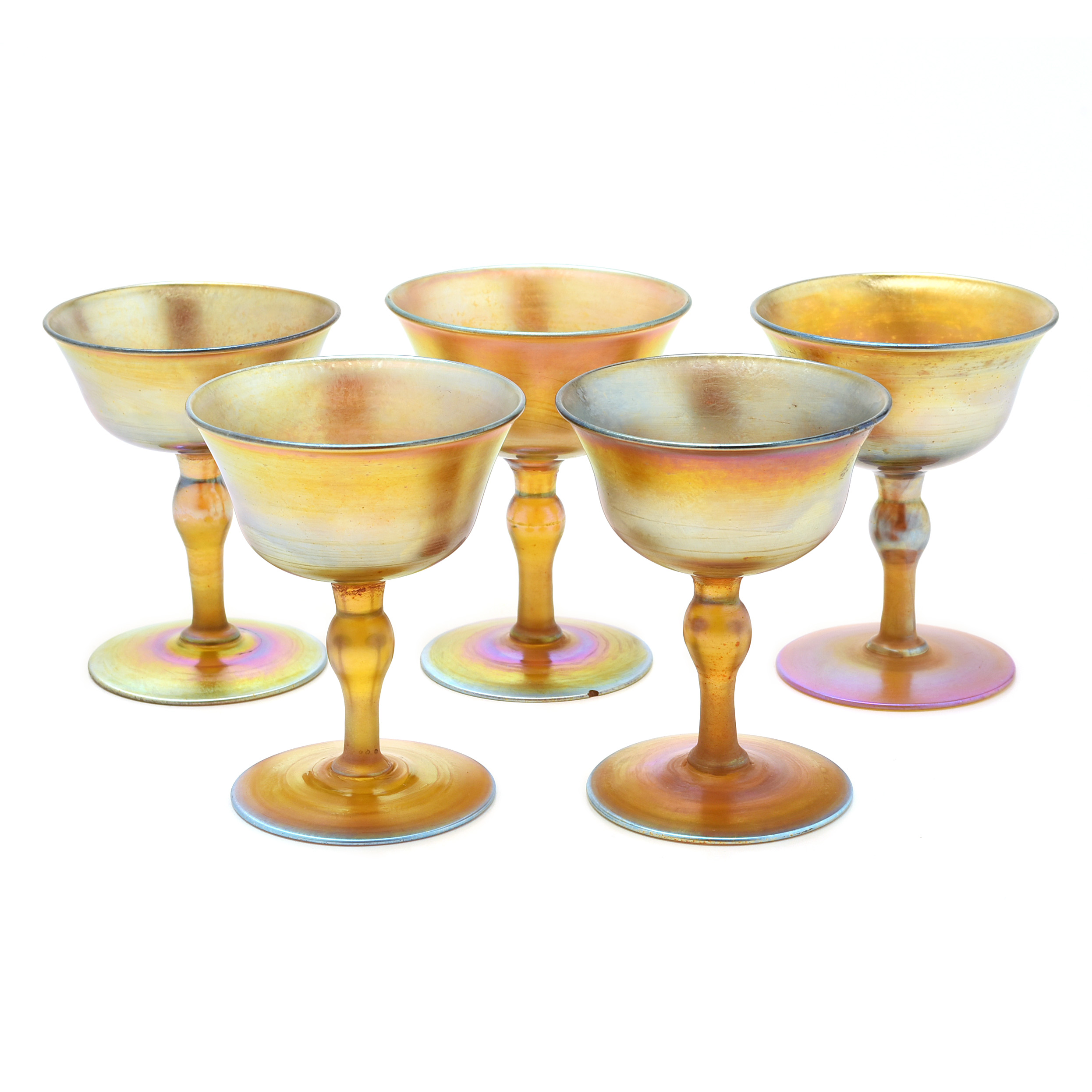 Set of Five Tiffany Studios Favrile Glass Sherry Glasses
