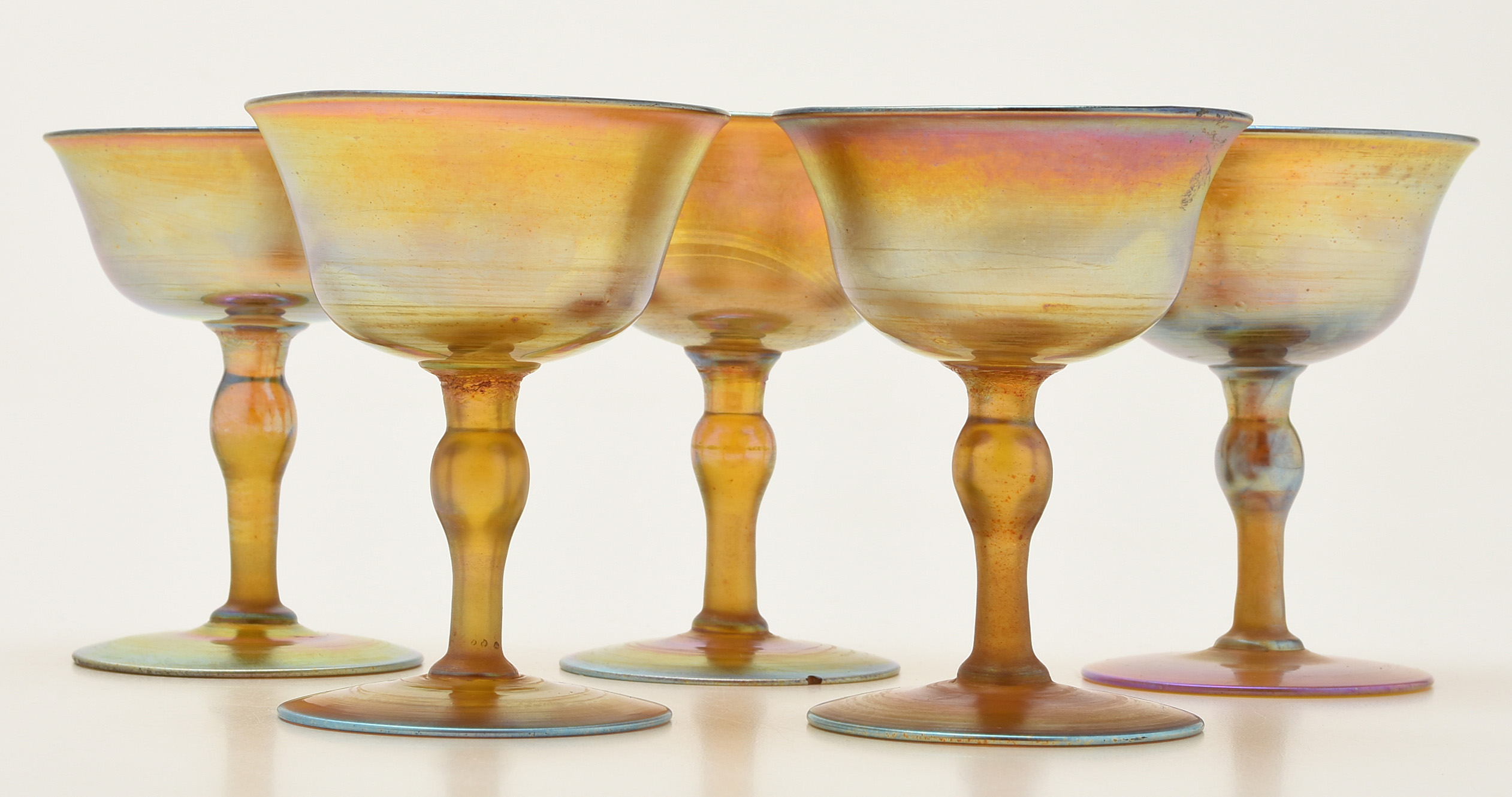 Set of Five Tiffany Studios Favrile Glass Sherry Glasses