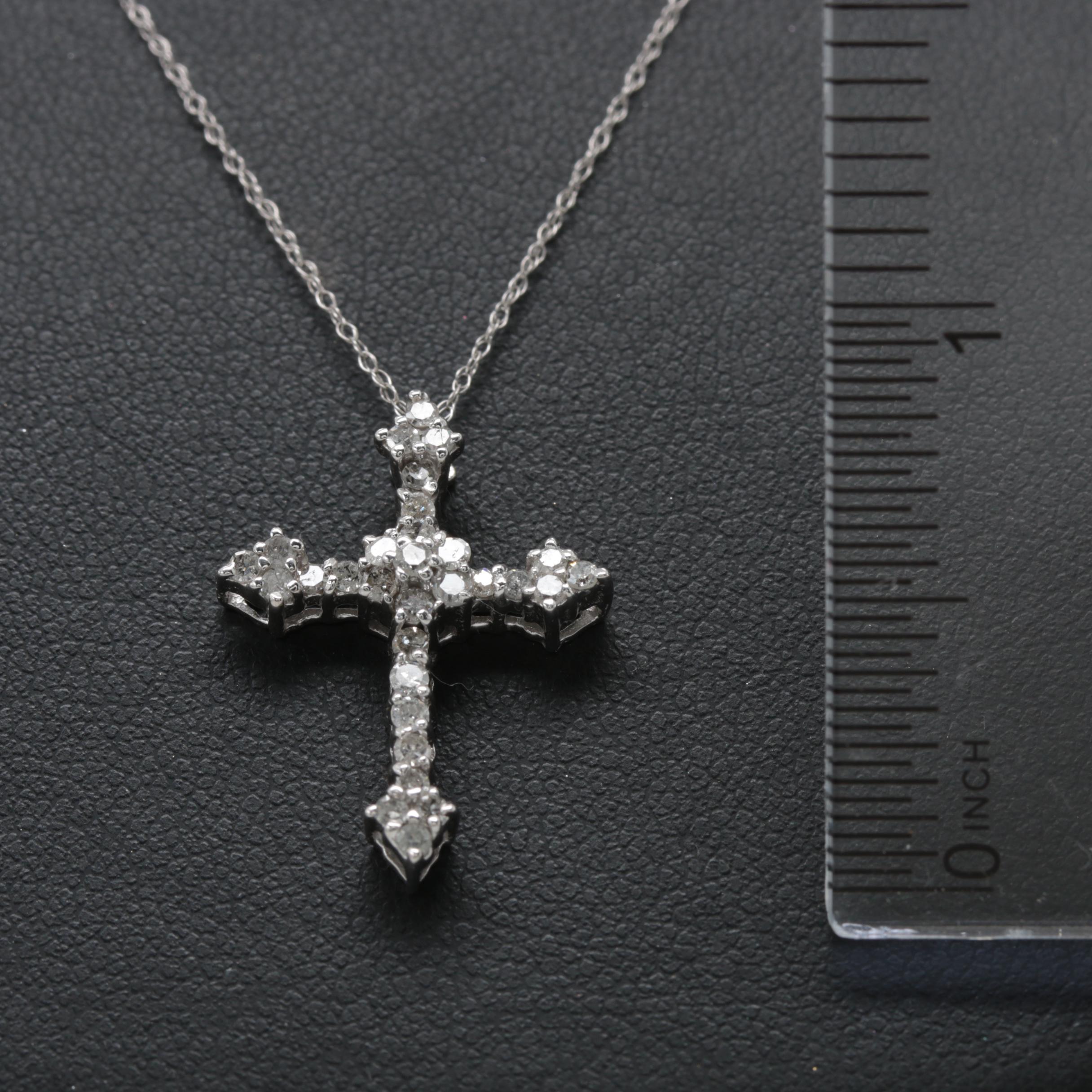 10K and 14K White Gold Diamond Cross Pendant Necklace