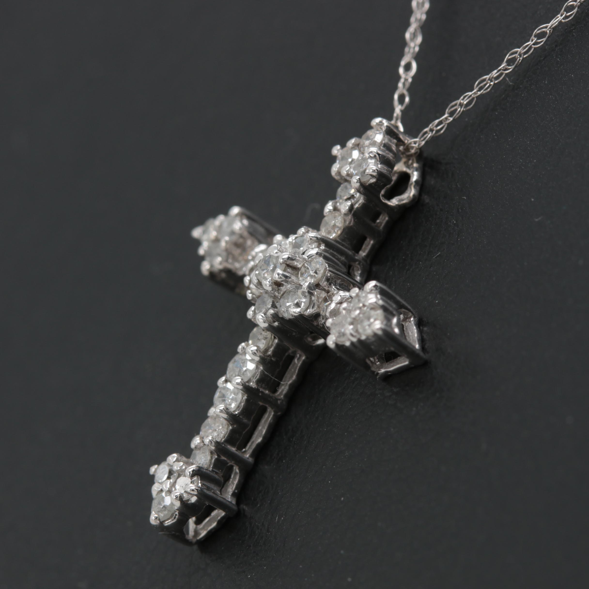 10K and 14K White Gold Diamond Cross Pendant Necklace