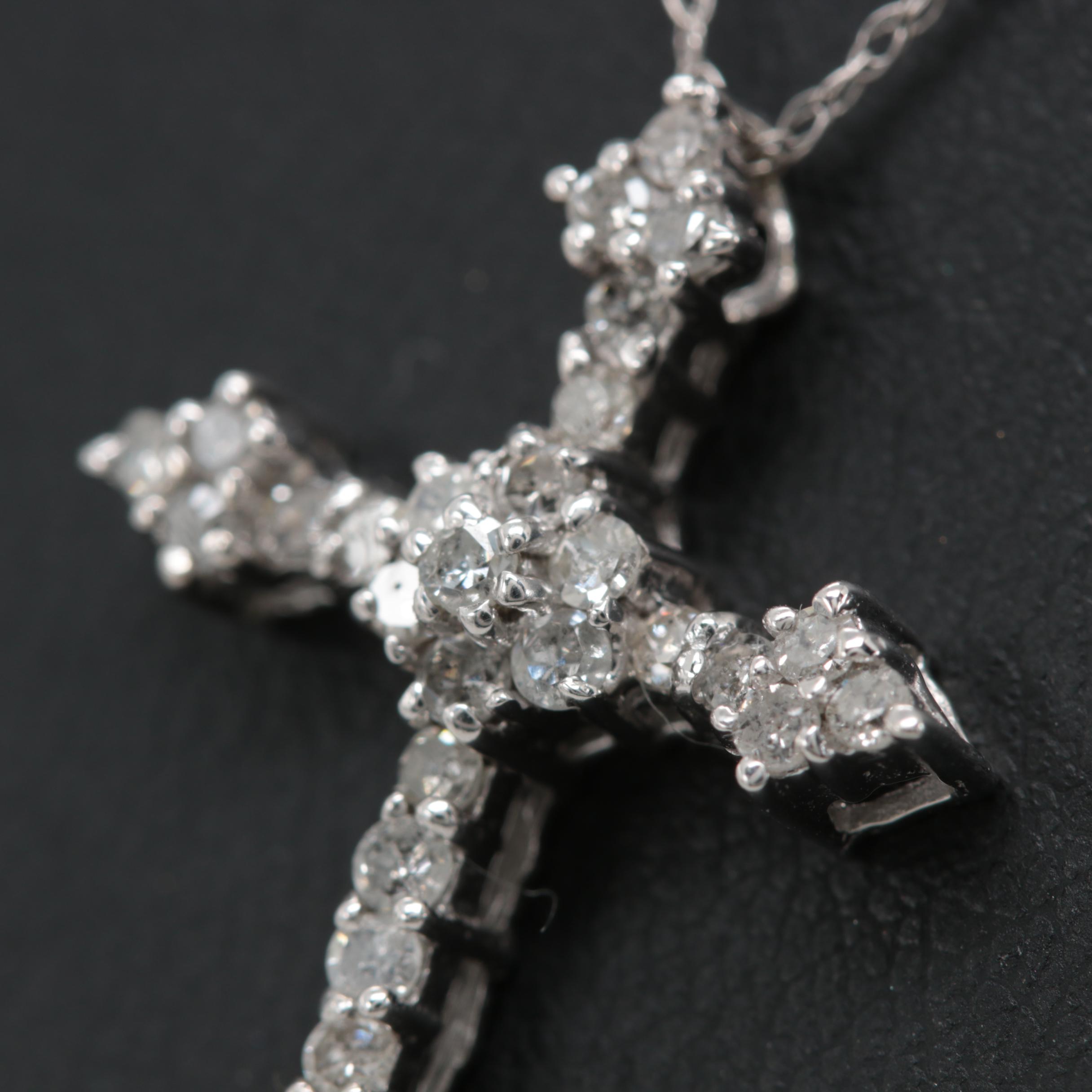 10K and 14K White Gold Diamond Cross Pendant Necklace