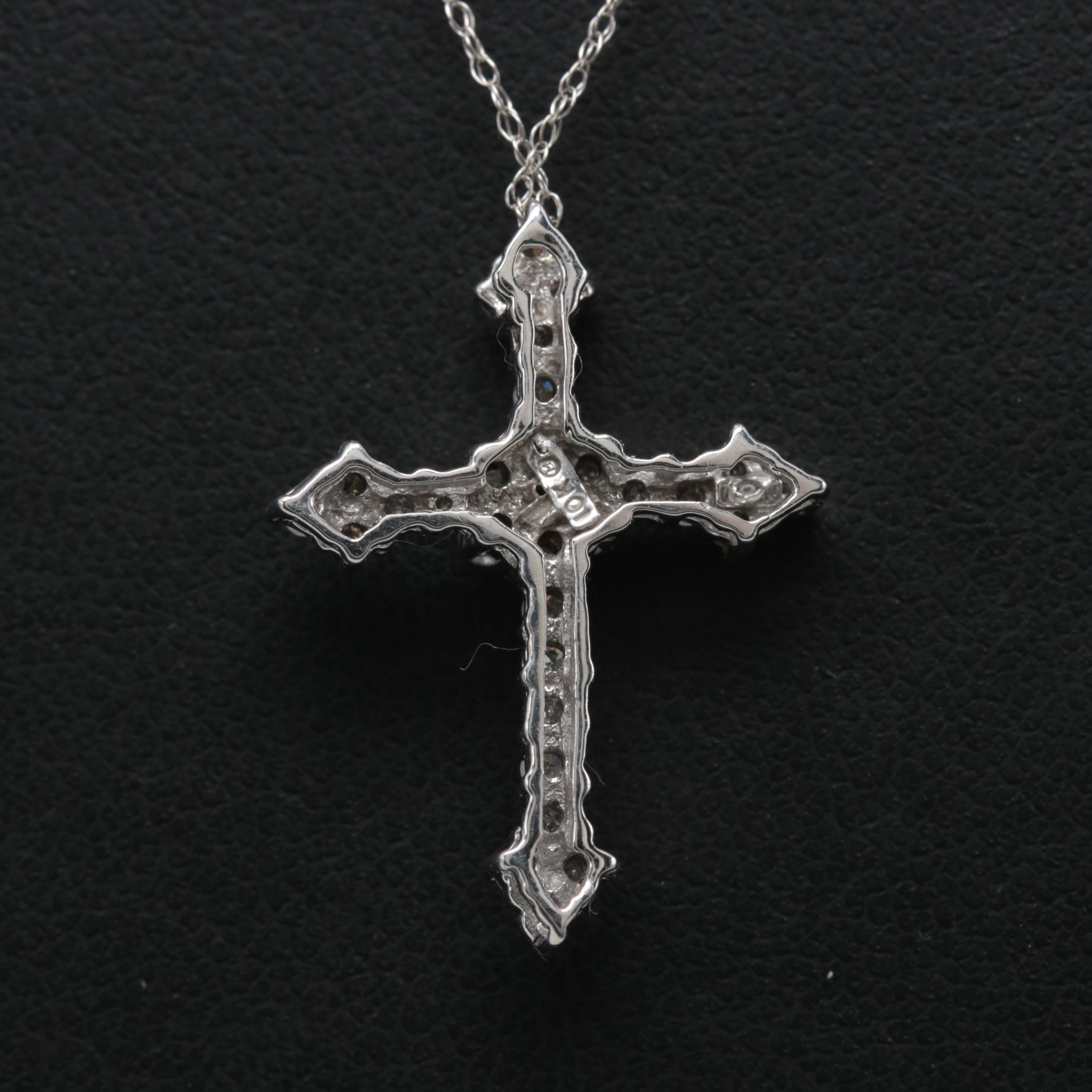 10K and 14K White Gold Diamond Cross Pendant Necklace