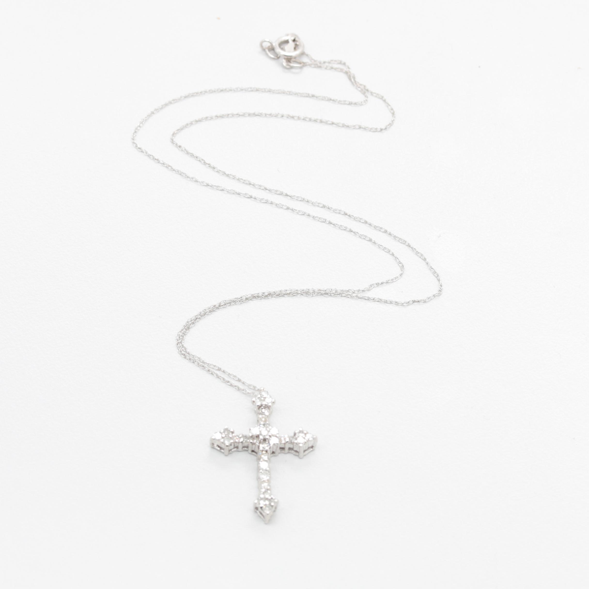 10K and 14K White Gold Diamond Cross Pendant Necklace