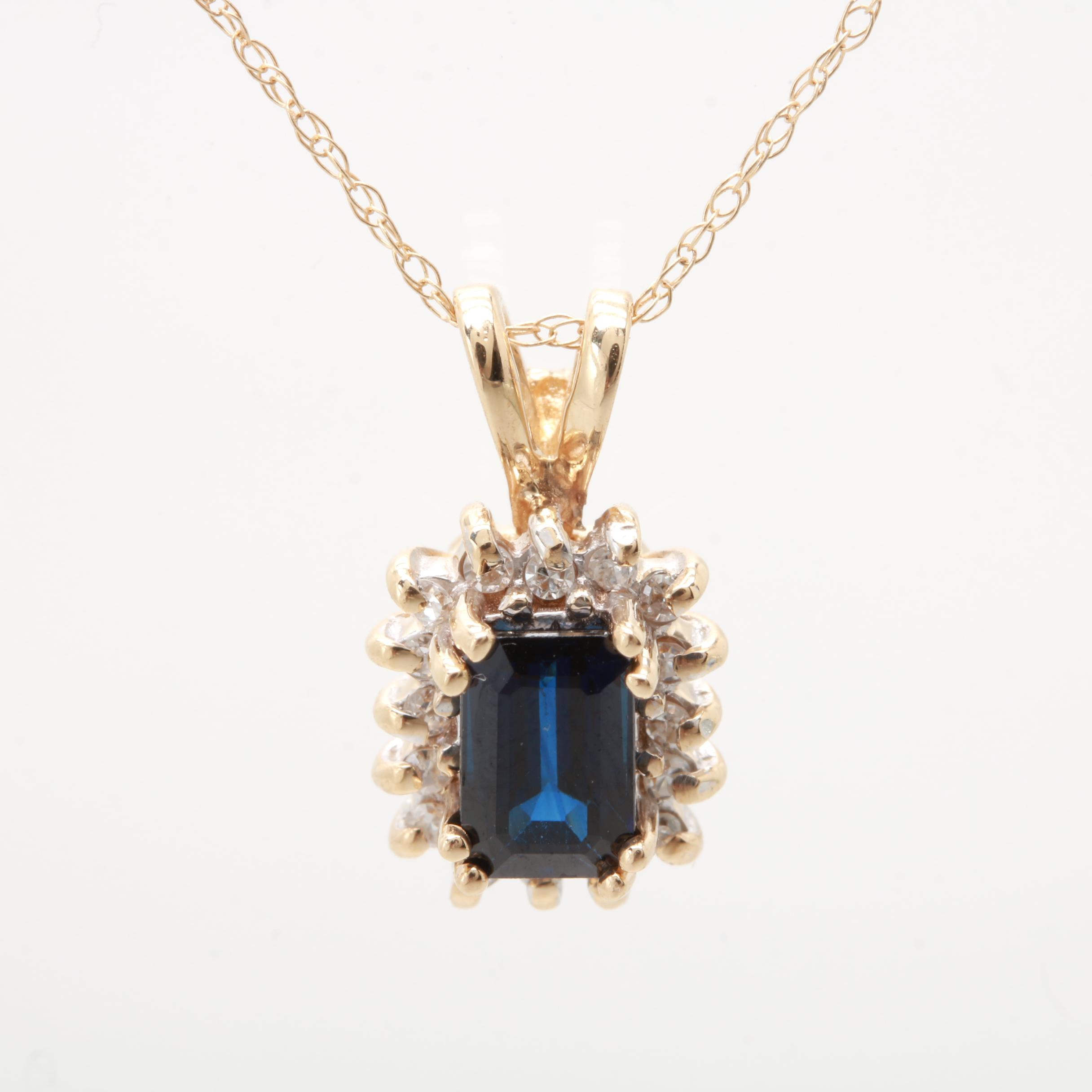 14K Yellow Gold Blue Sapphire and Diamond Necklace