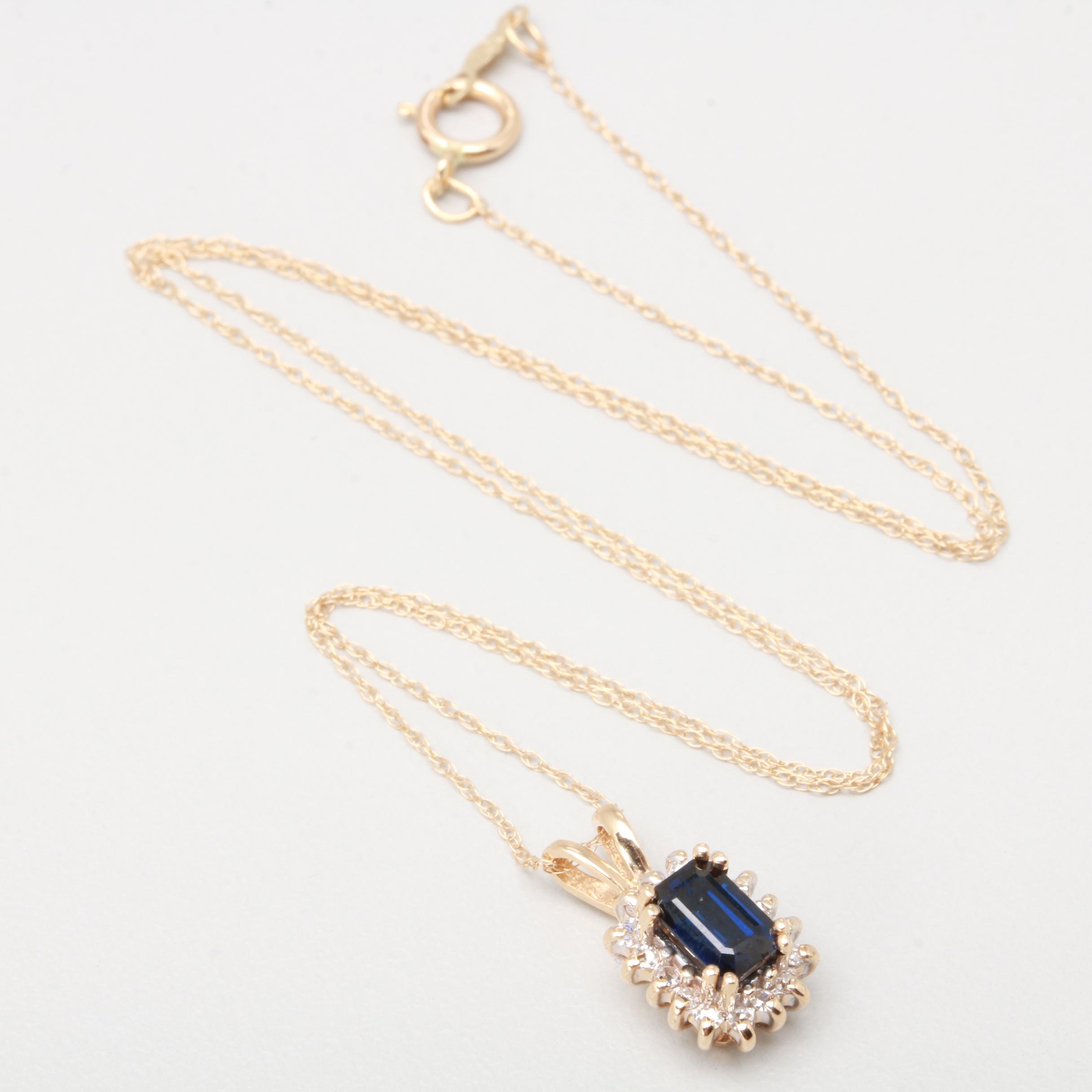 14K Yellow Gold Blue Sapphire and Diamond Necklace