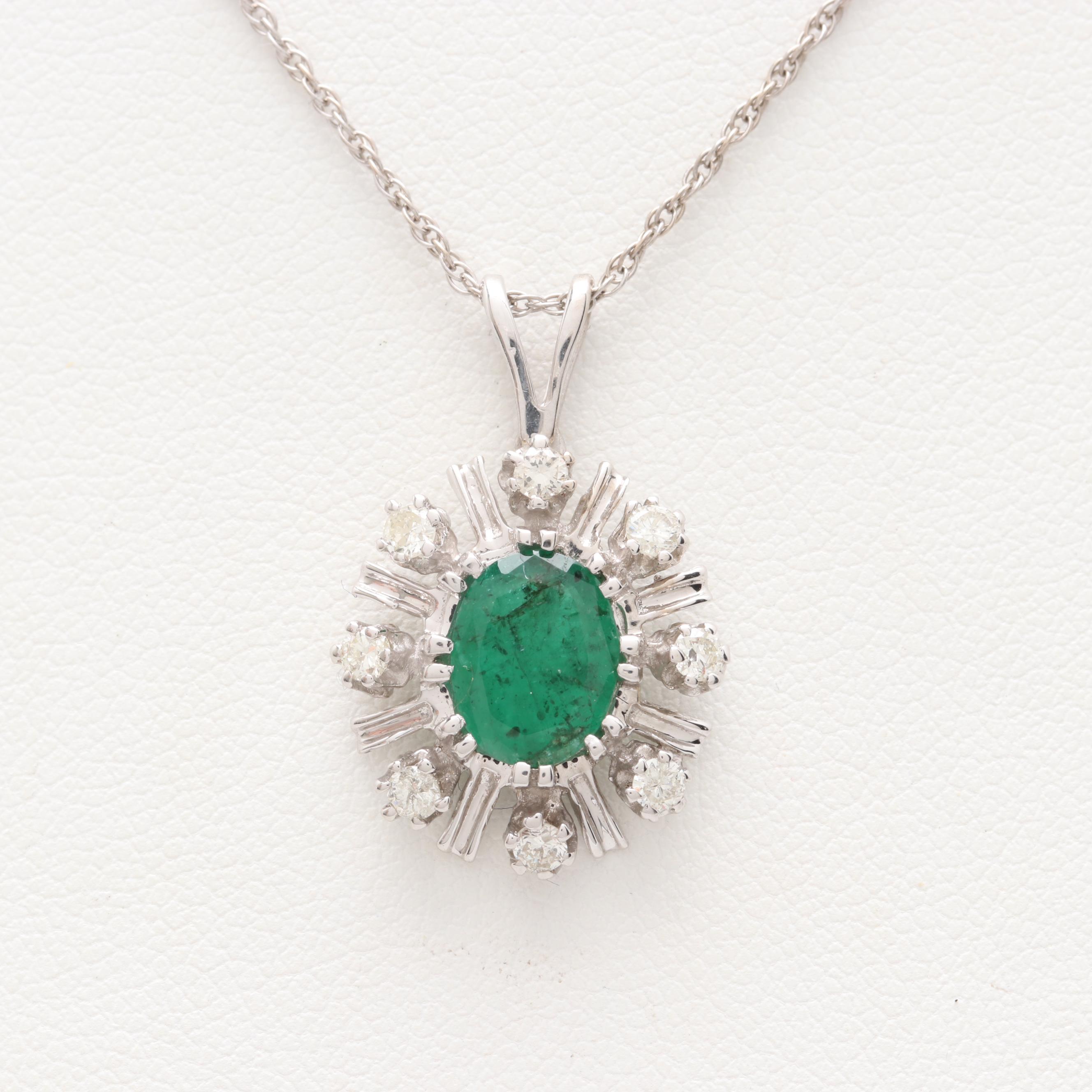 14K White Gold 1.01 CT Emerald and Diamond Necklace
