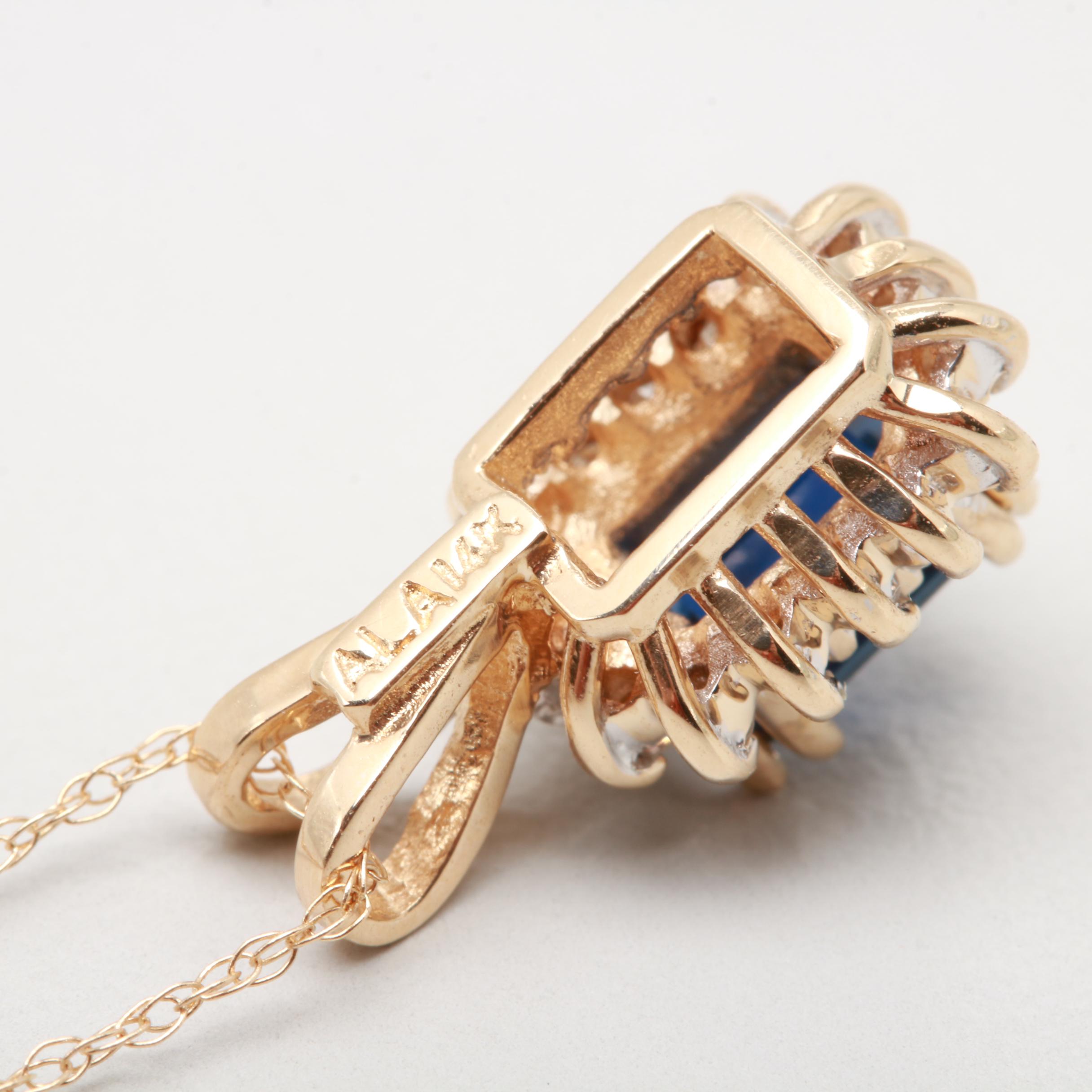 14K Yellow Gold Blue Sapphire and Diamond Necklace