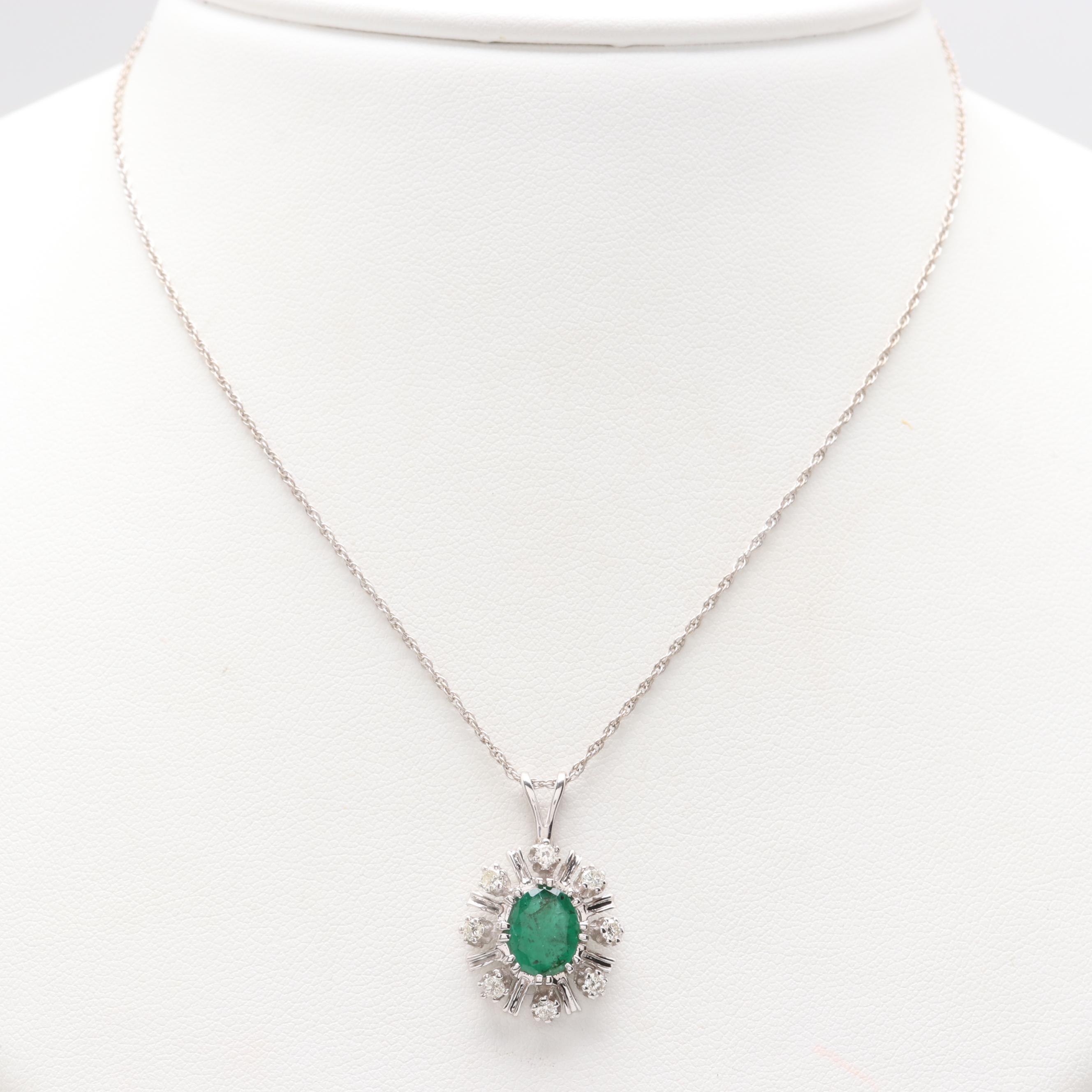 14K White Gold 1.01 CT Emerald and Diamond Necklace