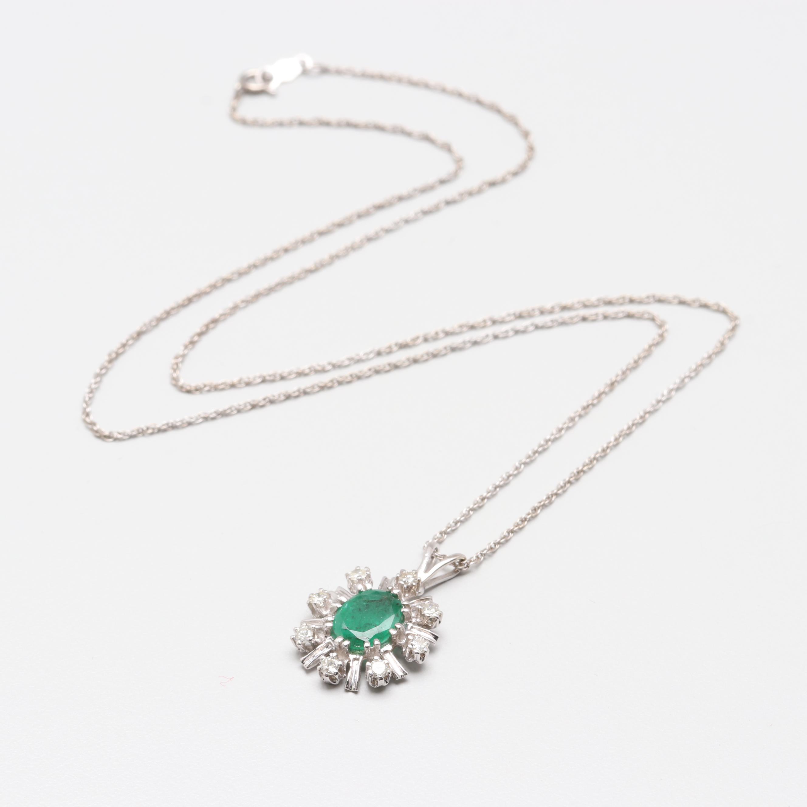 14K White Gold 1.01 CT Emerald and Diamond Necklace