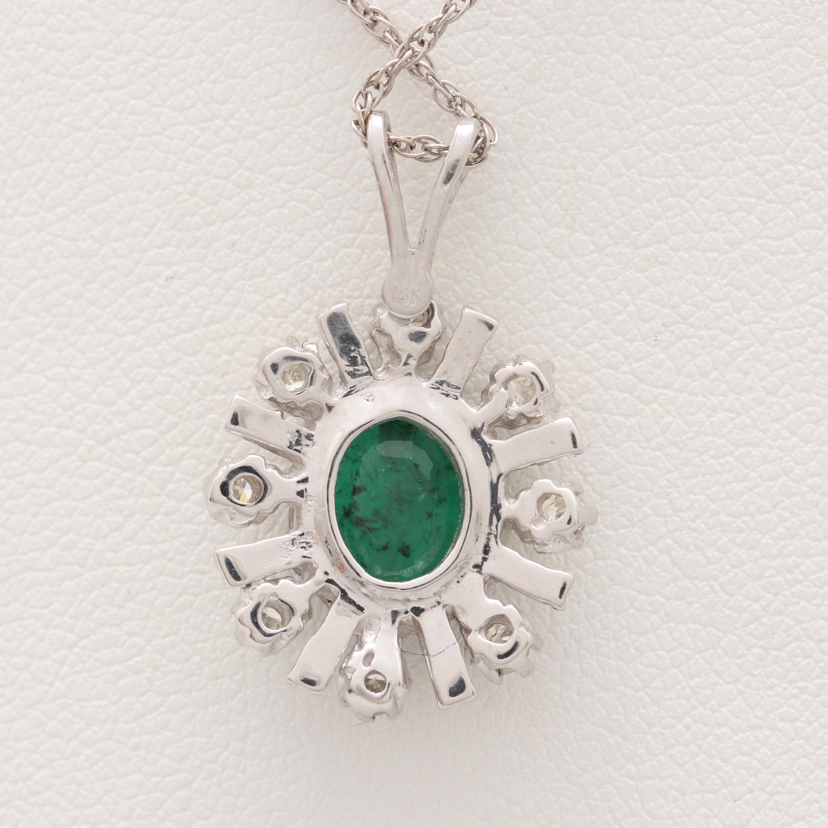 14K White Gold 1.01 CT Emerald and Diamond Necklace