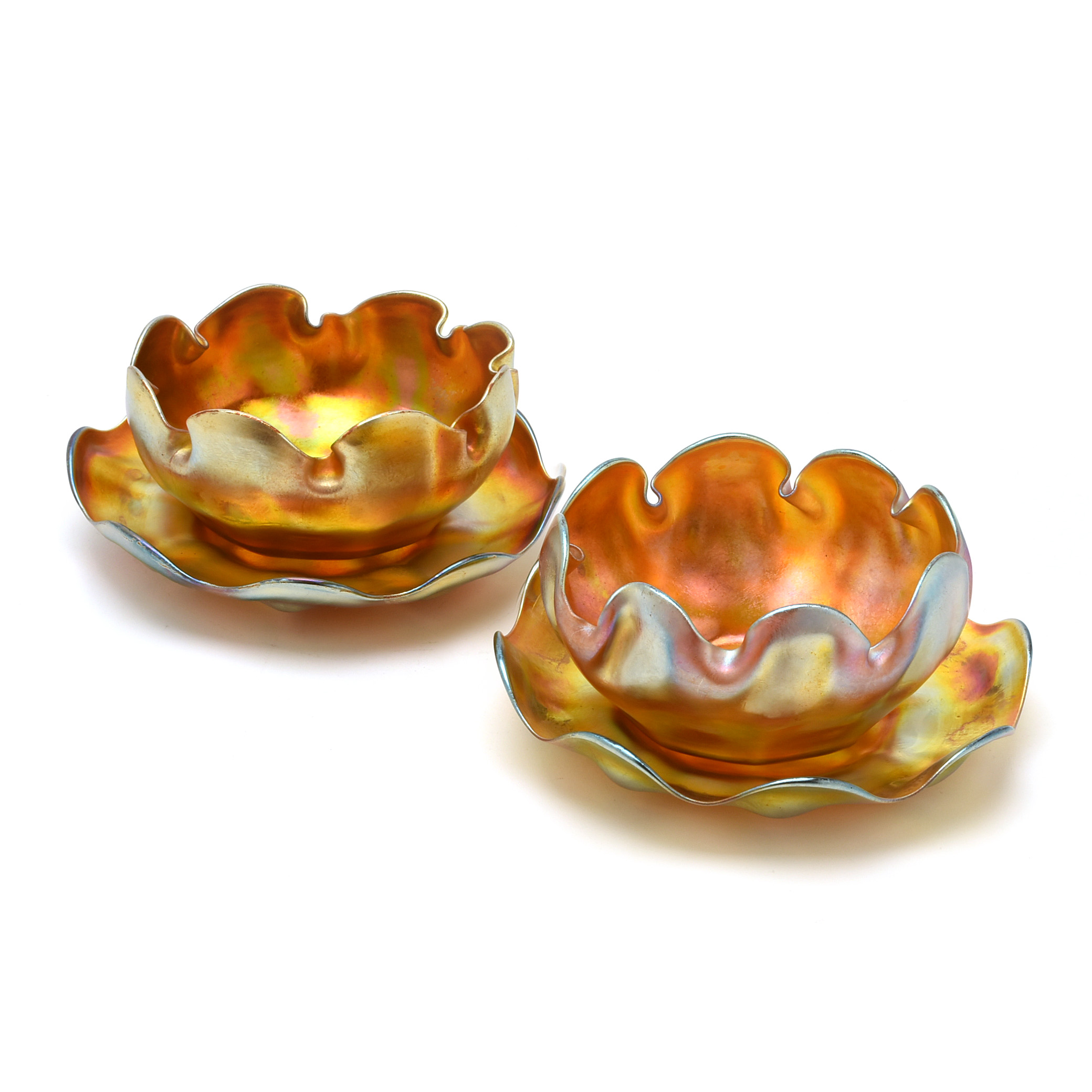 Two Tiffany Studios Favrile Glass Finger Bowls and Underplates