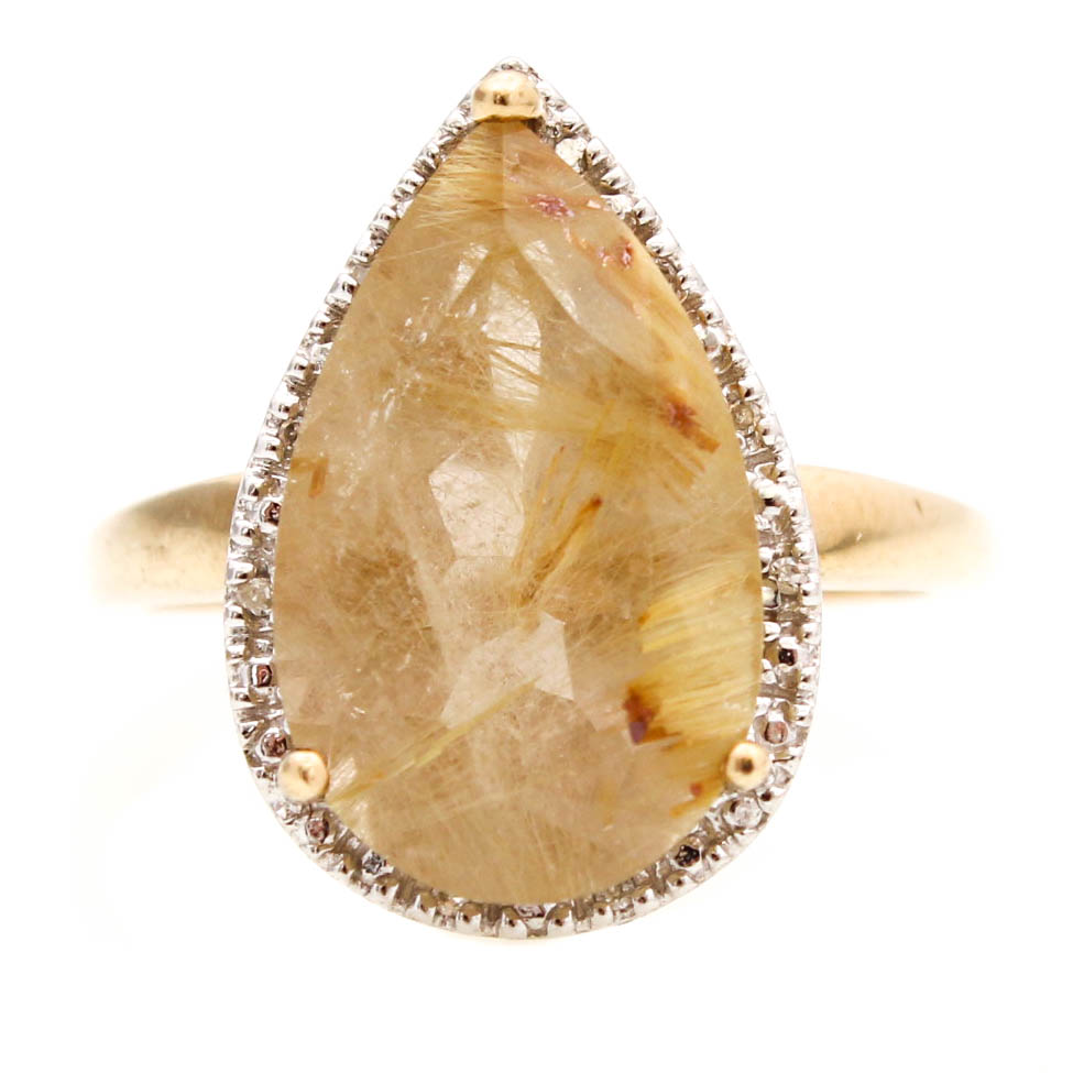 10K Yellow Gold Rutilated Quartz and Diamond Ring