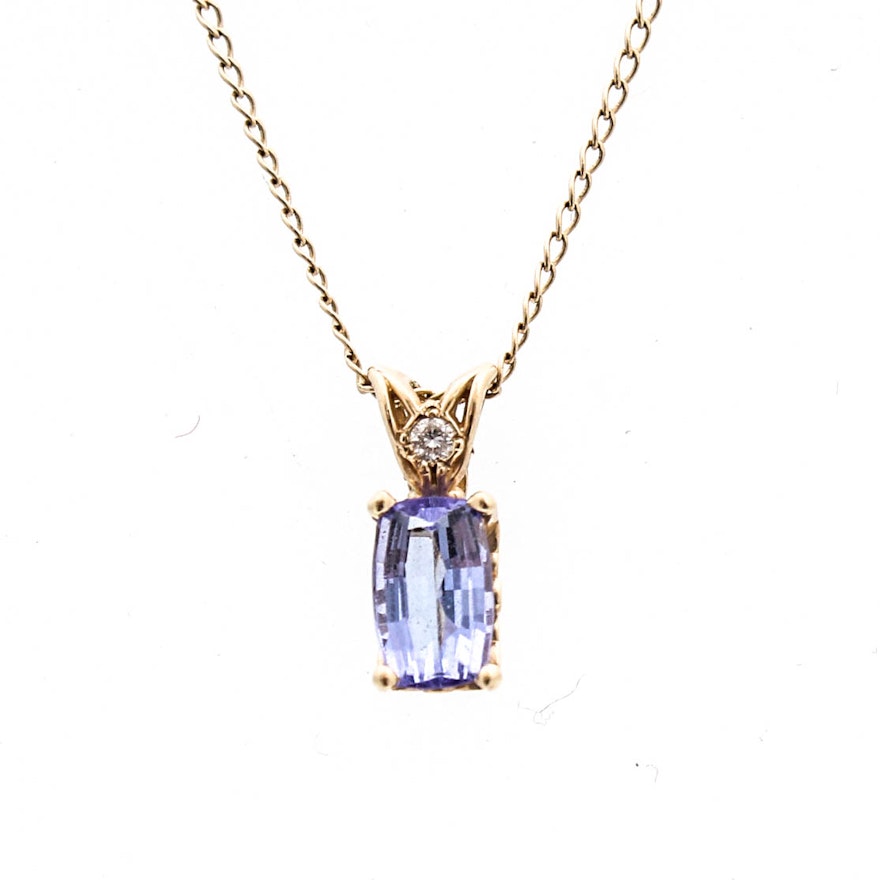 14K Yellow Gold Tanzanite and Diamond Pendant Necklace