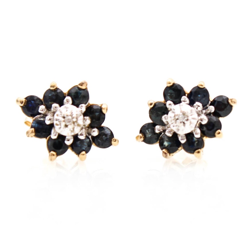 14K Yellow Gold Diamond and Sapphire Earrings