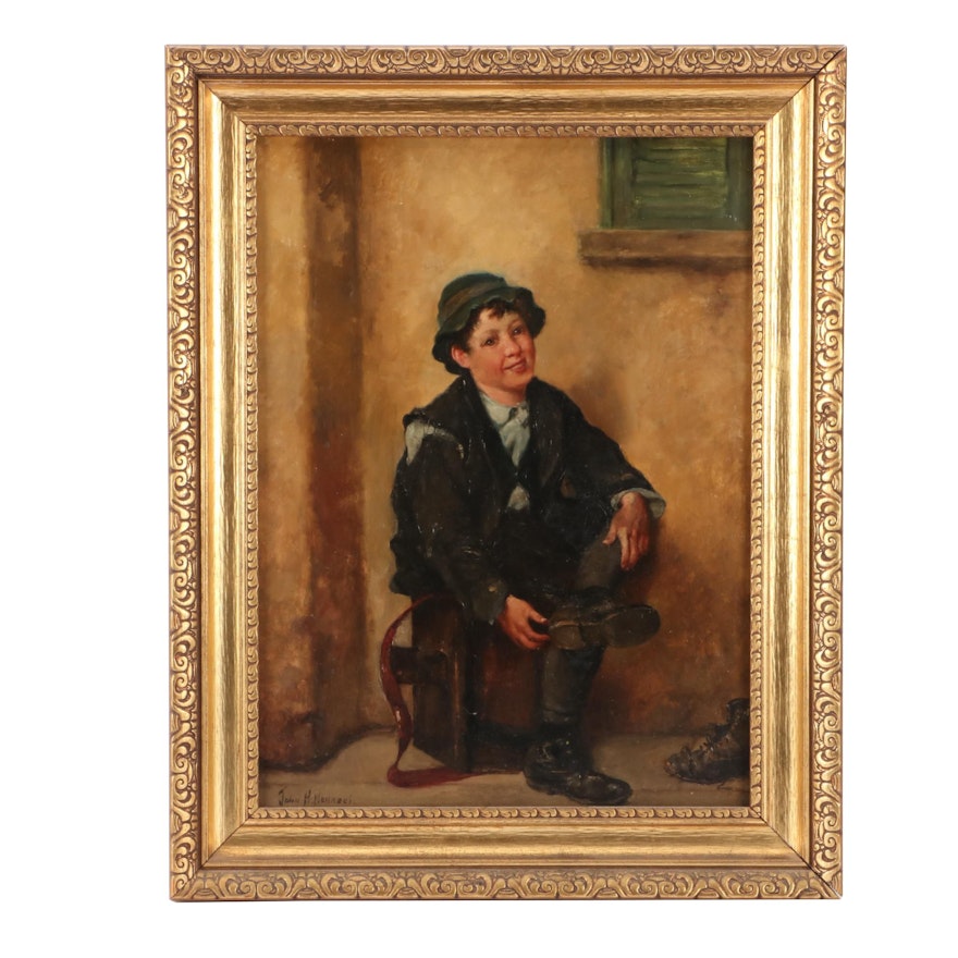 John Henry Henrici Genre Portrait Oil Painting of Shoeshine Boy