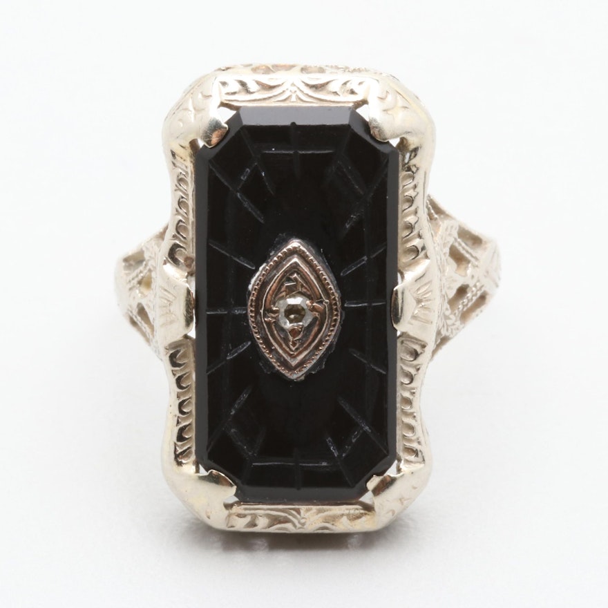 Art Deco 14K White Gold Diamond and Black Onyx Ring