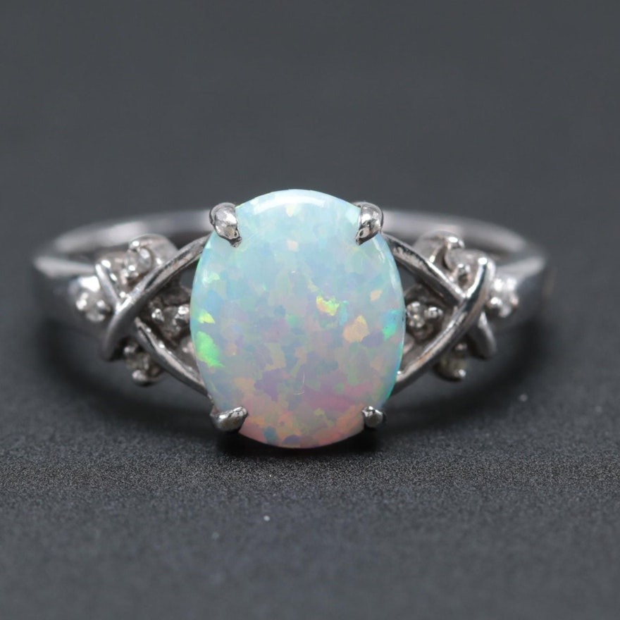 10K White Gold Synthetic Opal and Diamond Ring